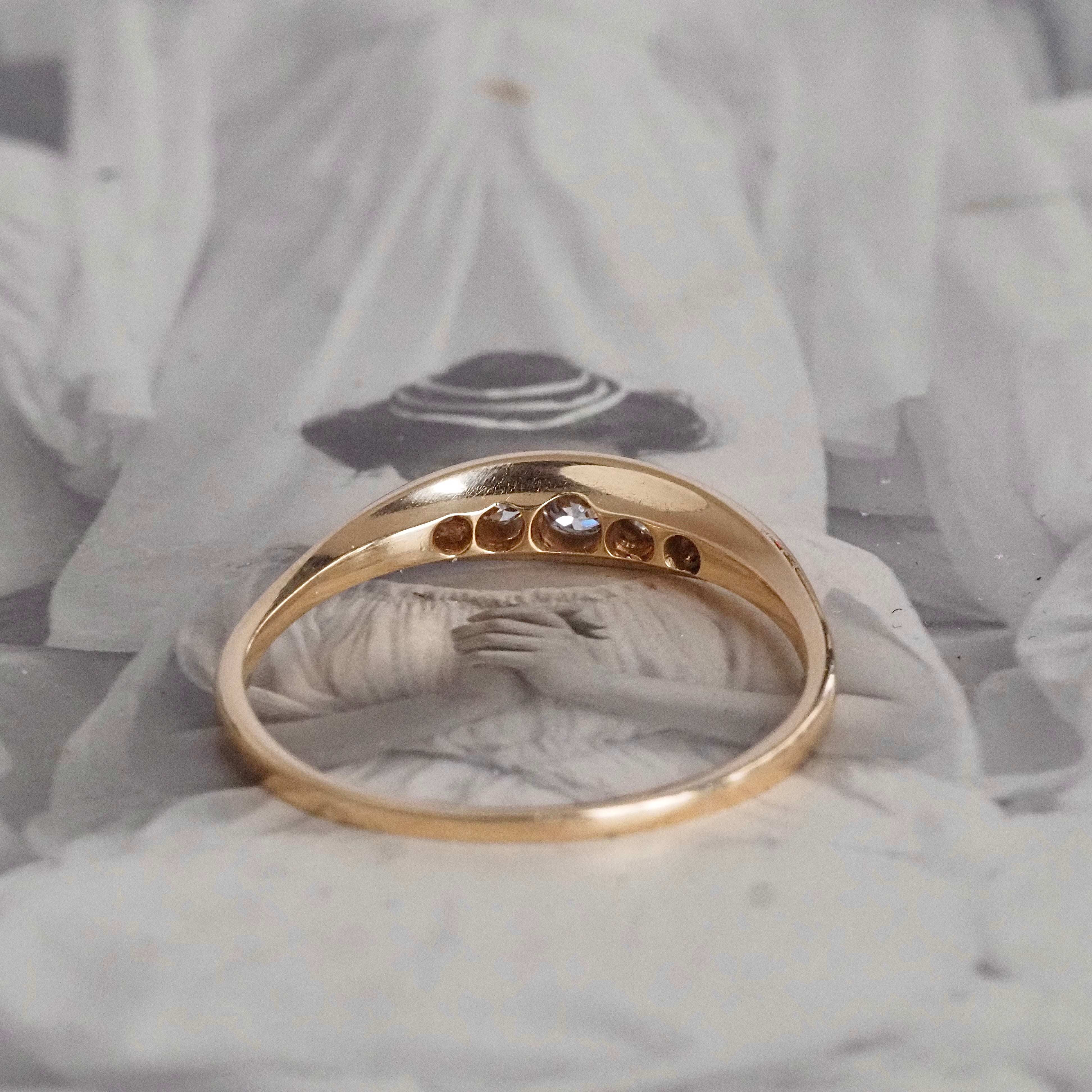 Antique English Old Mine Cut Diamond Five Stone 18k Gold Boat Ring