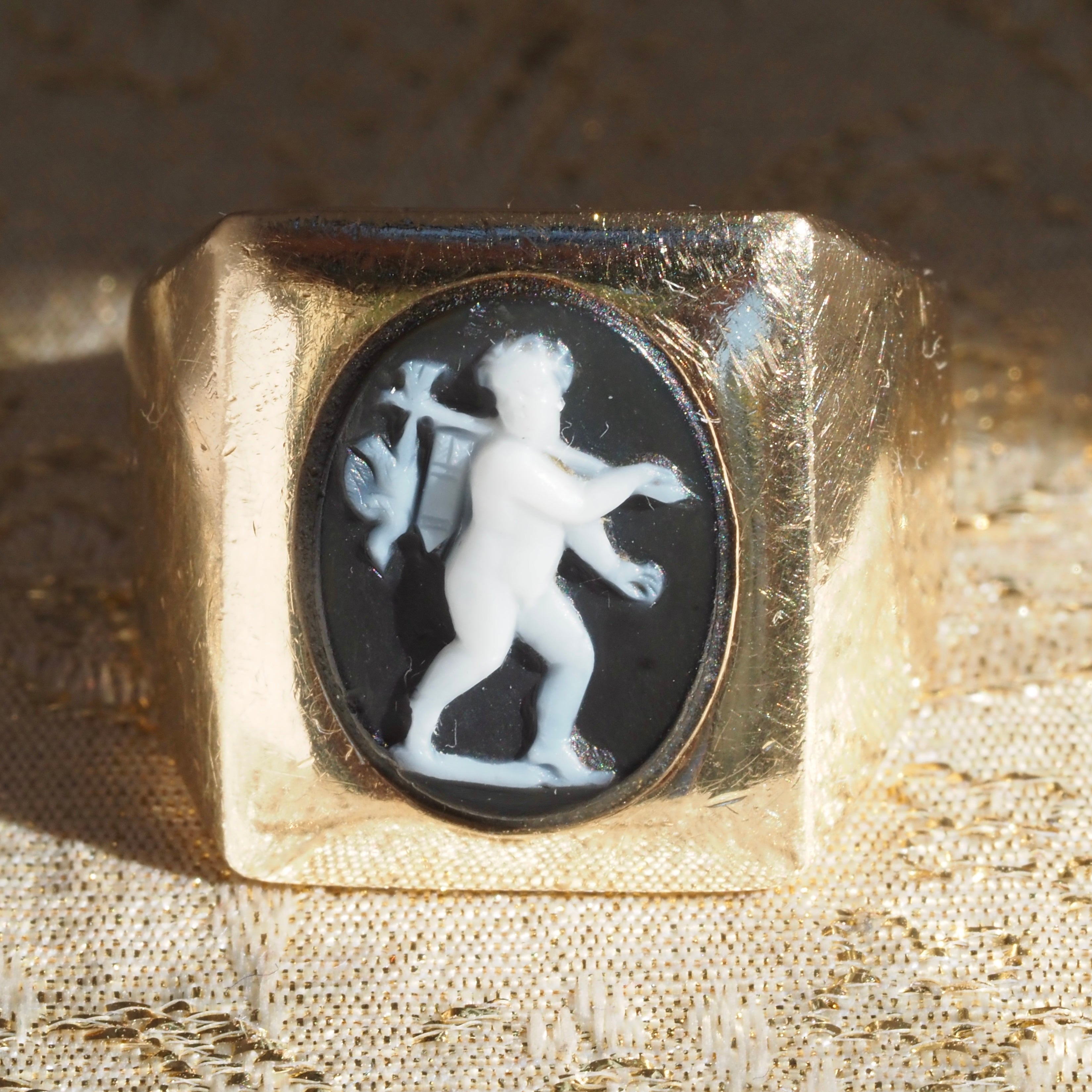 Antique Banded Agate Cherub Cameo Mounted in a Vintage 14k Gold Signet Ring
