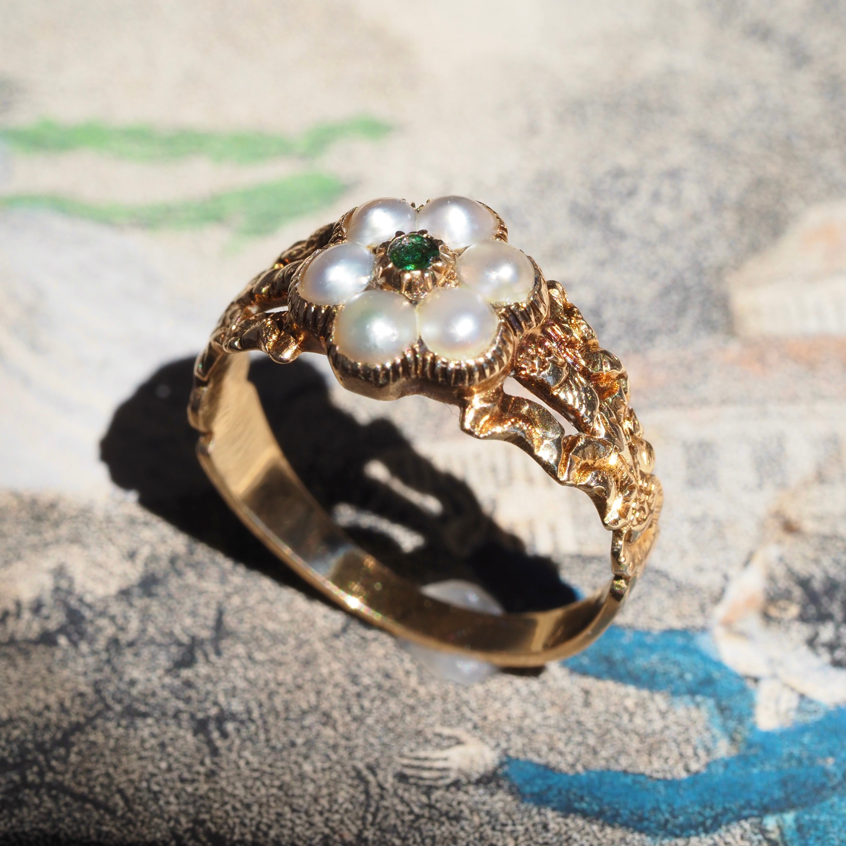 Antique Georgian Seed Pearl and Green Paste Flower Engraved Mourning Ring