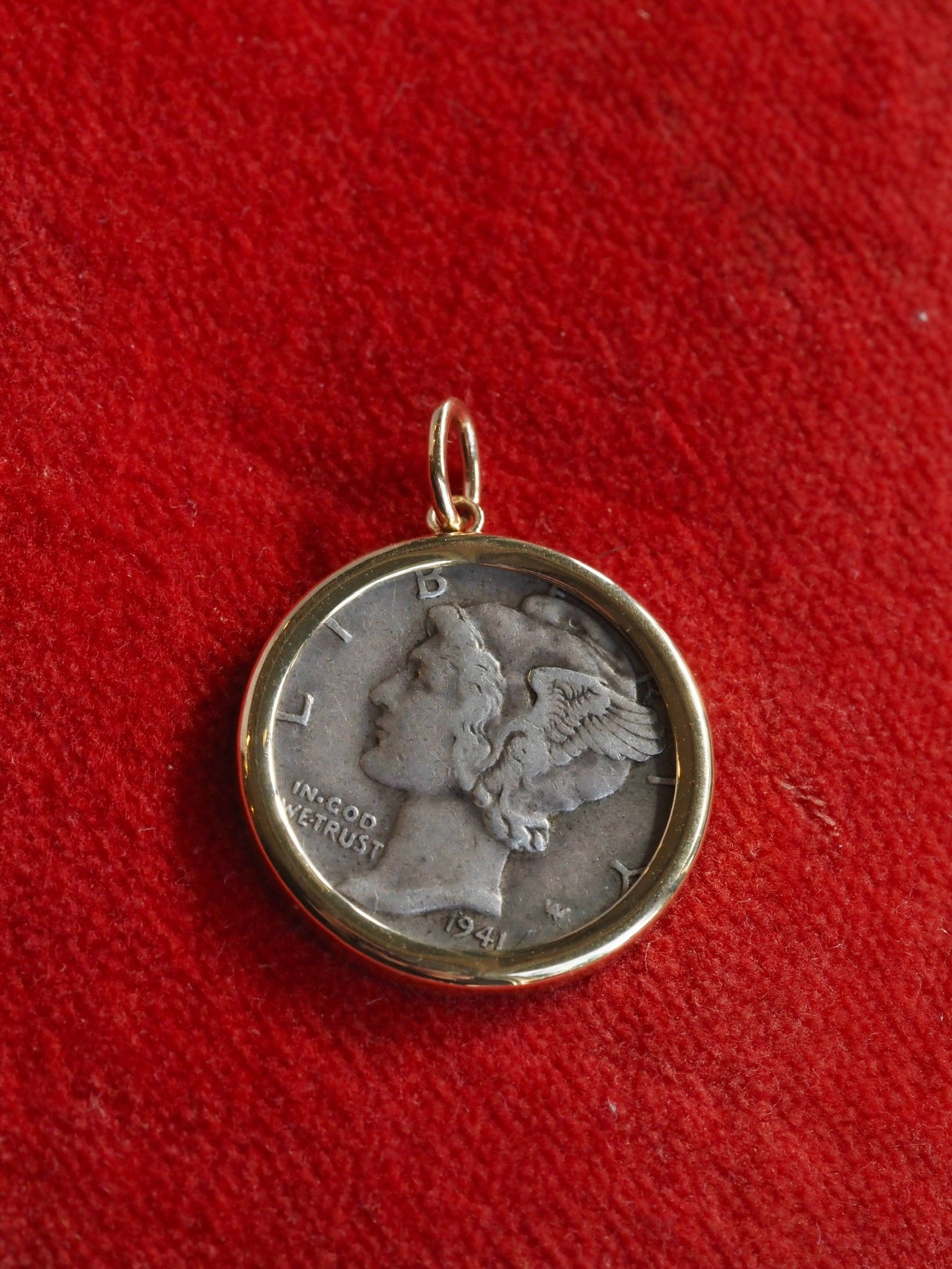 Vintage c. 1941 Mercury Dime in 14k Gold Pendant