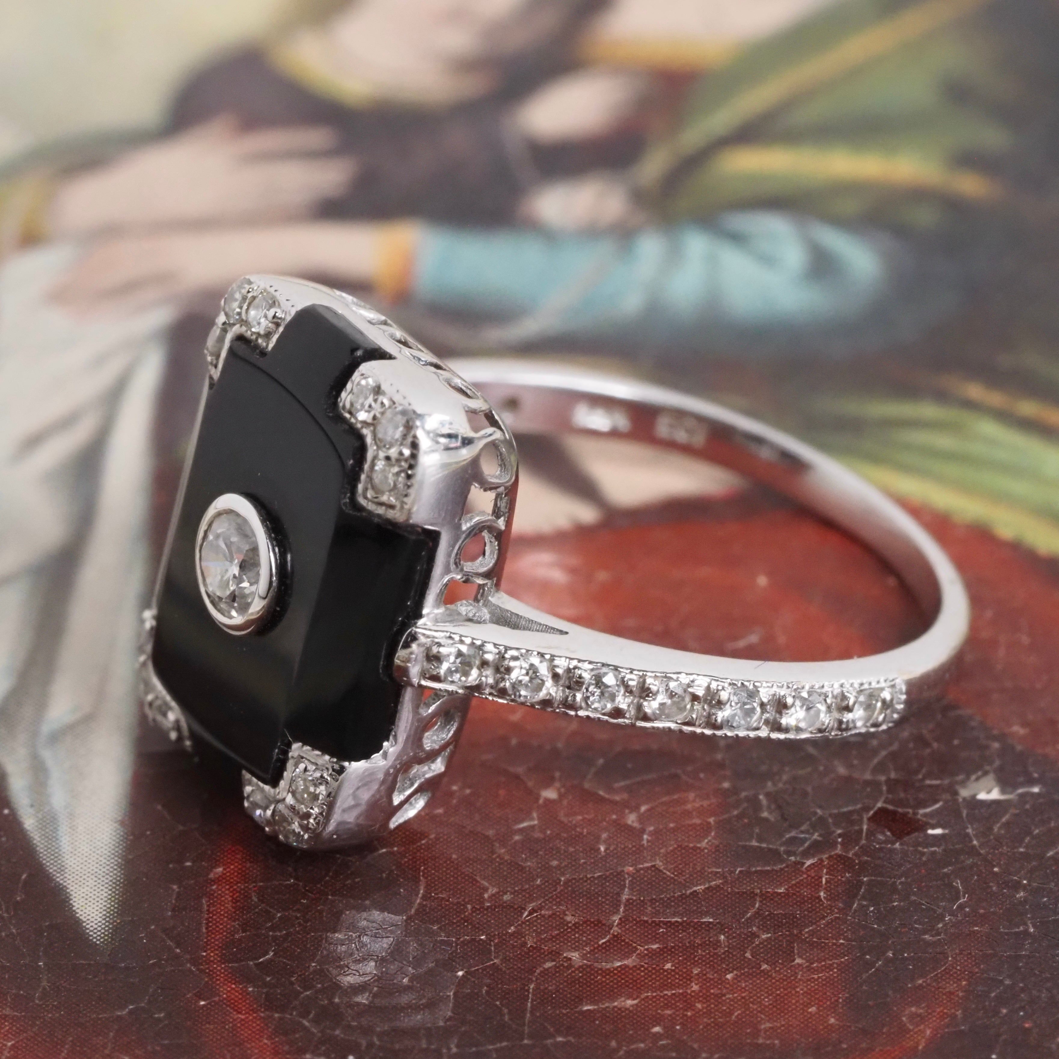 Vintage Art Deco Style Onyx and Diamond 14k White Gold Ring