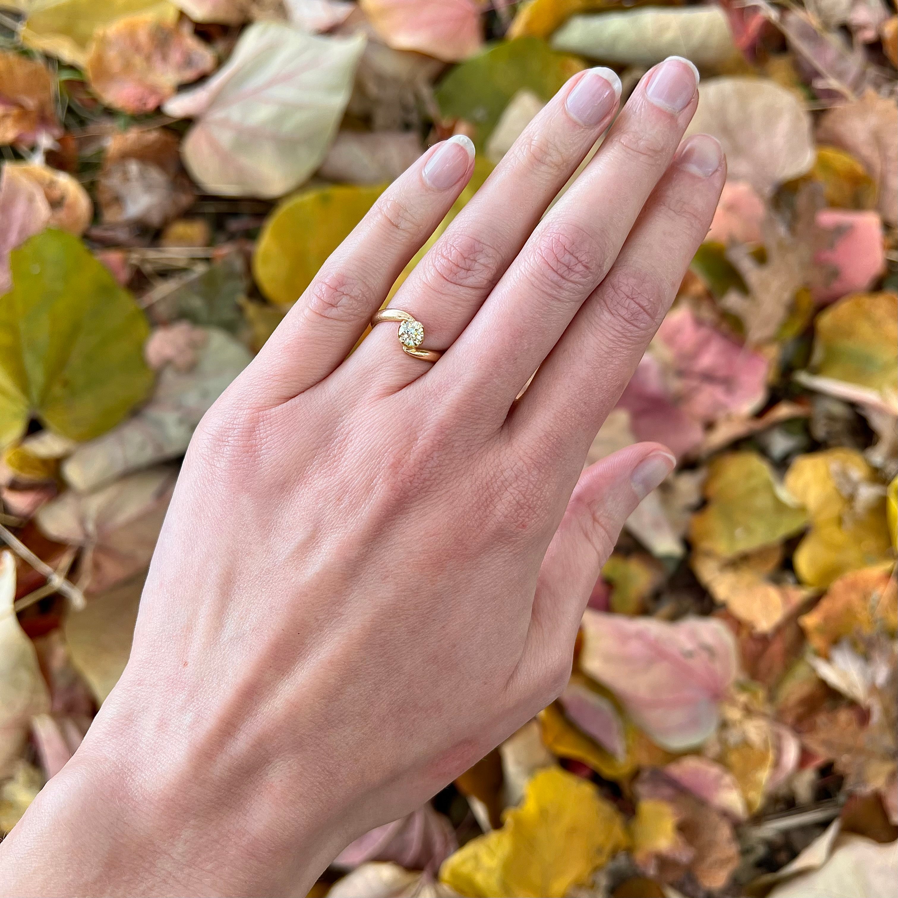Mid-Century Light Yellow Old European Cut Diamond 14k Gold Bypass Solitaire Engagement Ring