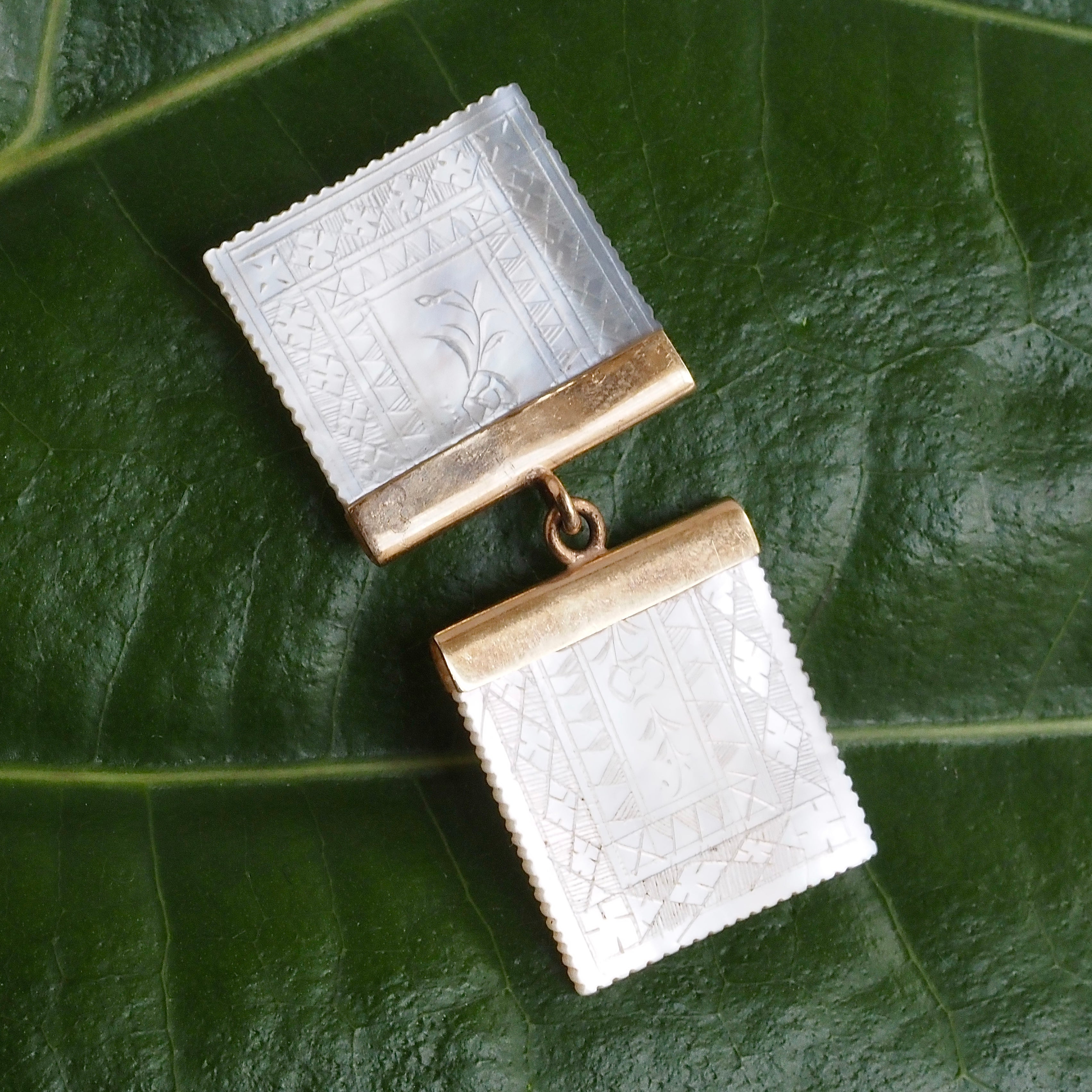 Antique Chinese Mother of Pearl Gambling Chip 14k Gold Earrings