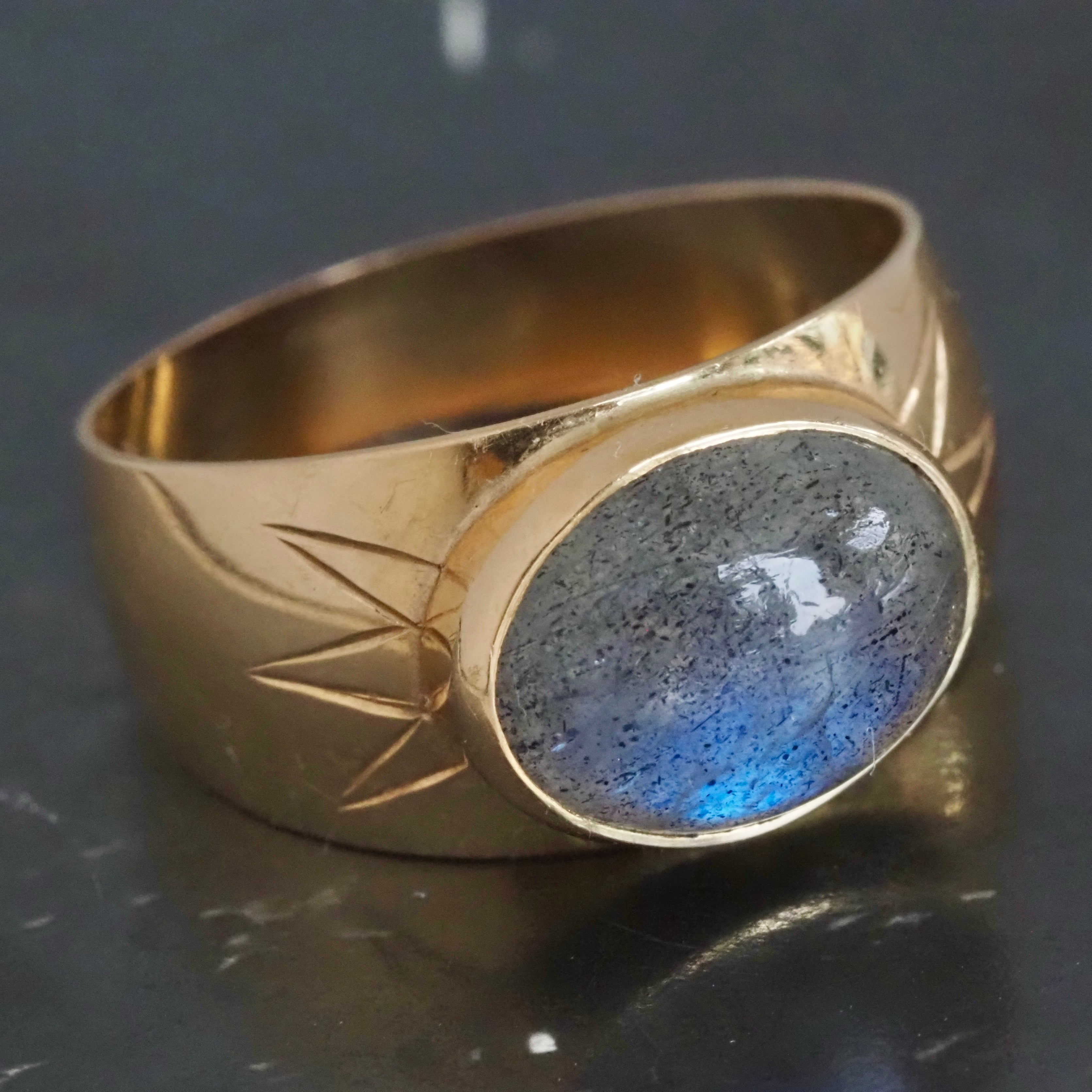 Mid-Century Swedish Labradorite Cabochon Wide 18k Gold Ring
