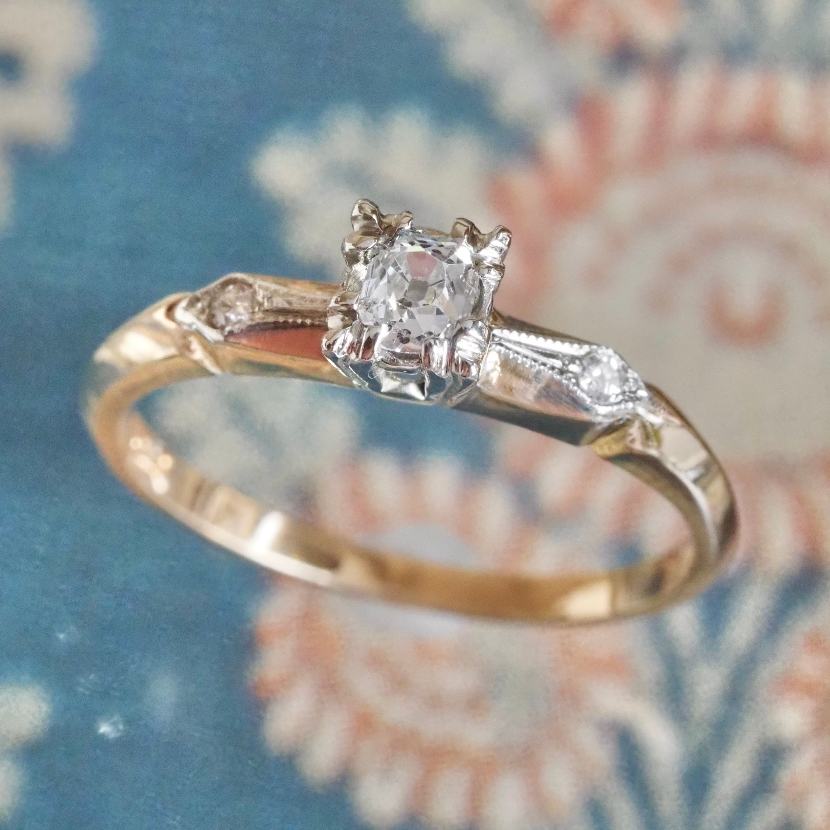 Late Deco 14k Gold Old Mine Cut Diamond Solitaire Ring