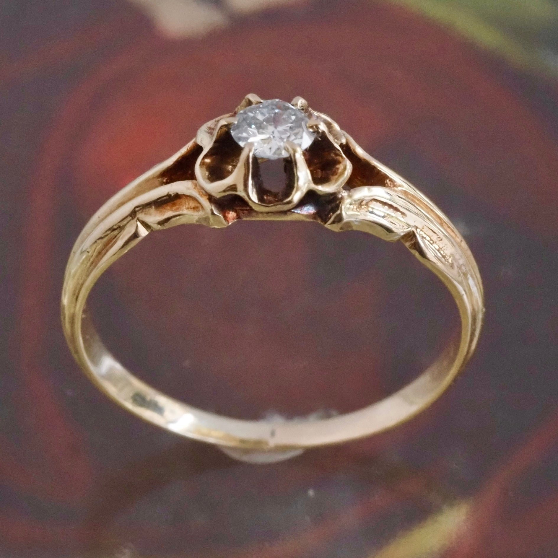 Antique Victorian Old European Cut Diamond Floral Belcher 14k Gold Engagement Ring