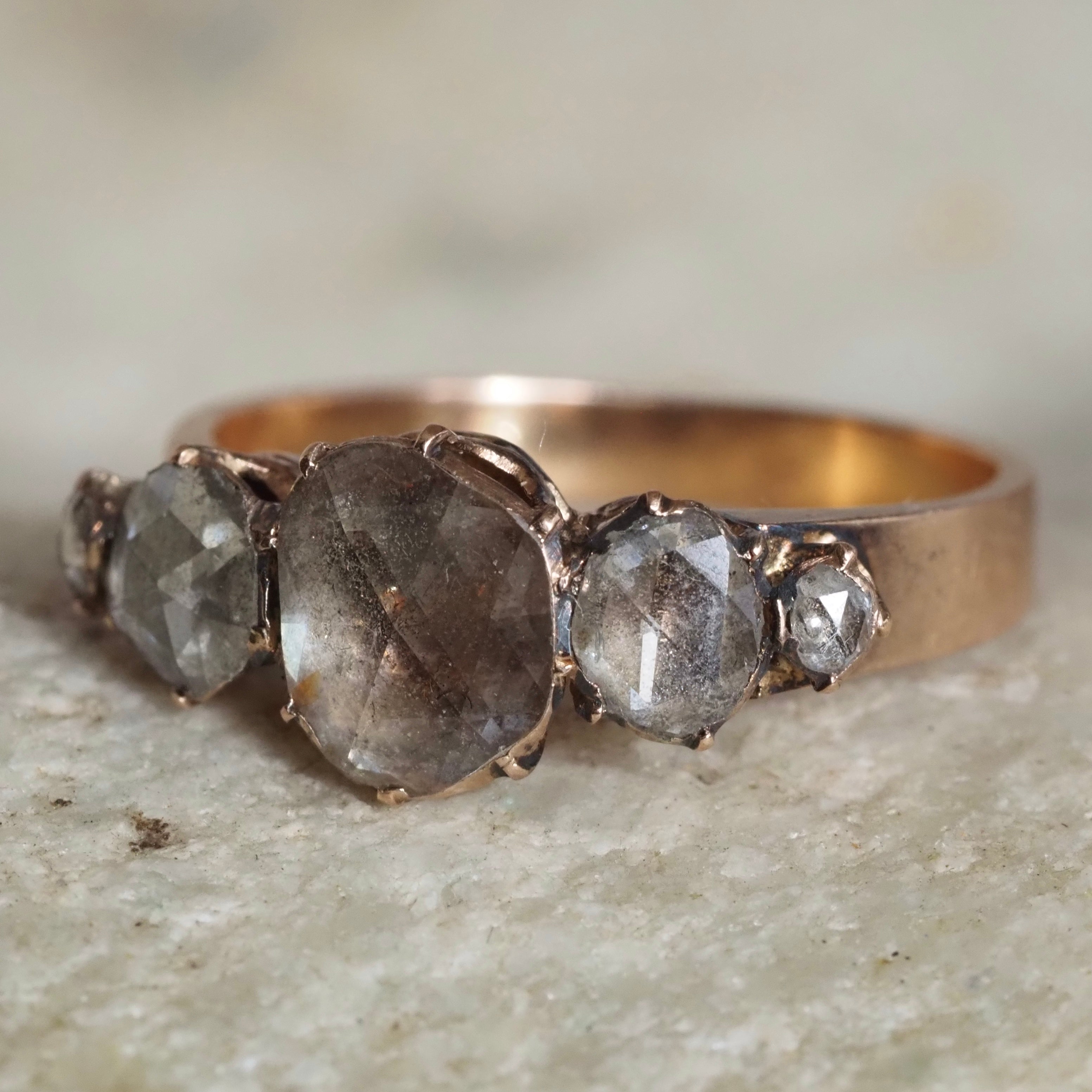 Antique Victorian French Foil Backed Rose Cut Diamond 18k Rose Gold Five Stone Ring