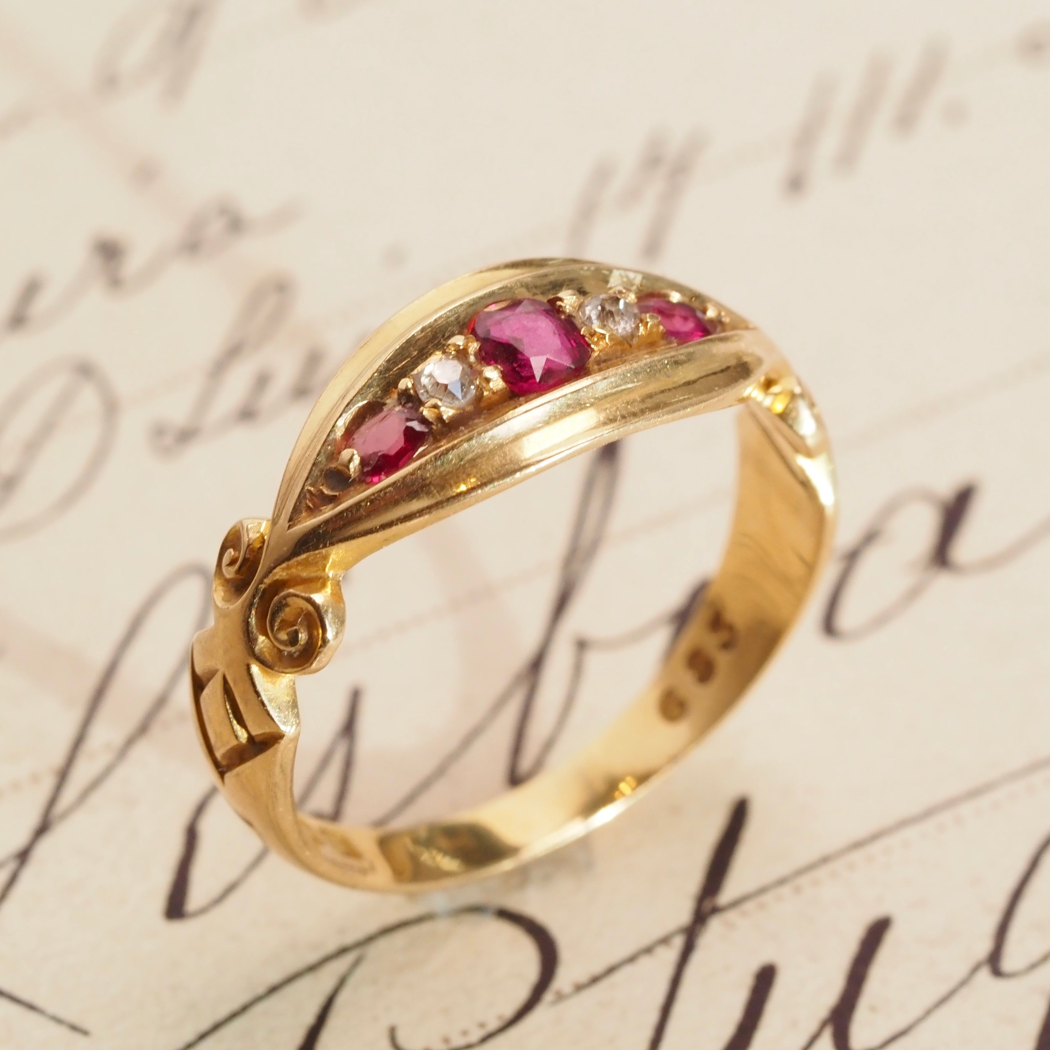 Antique c. 1906 English Ruby Garnet & Diamond 18k Gold Ring