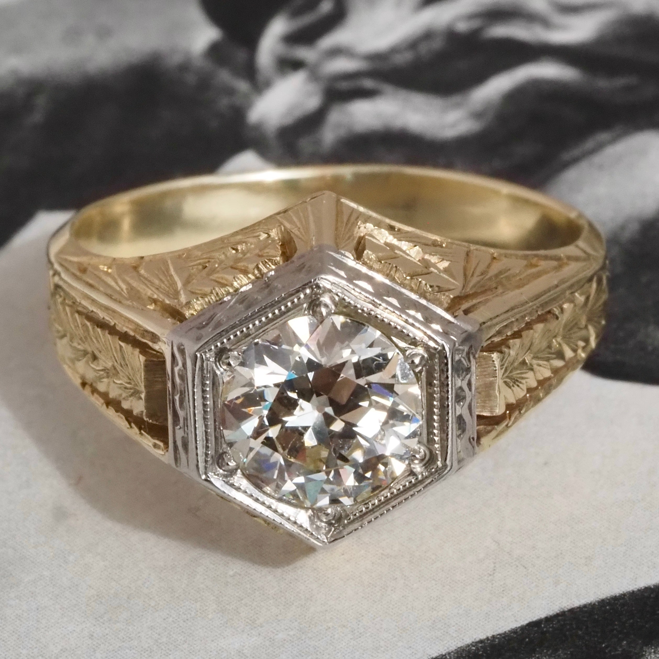 Antique Art Deco 1.22ct Old European Cut Diamond Hexagonal 14k Gold Engagement Ring