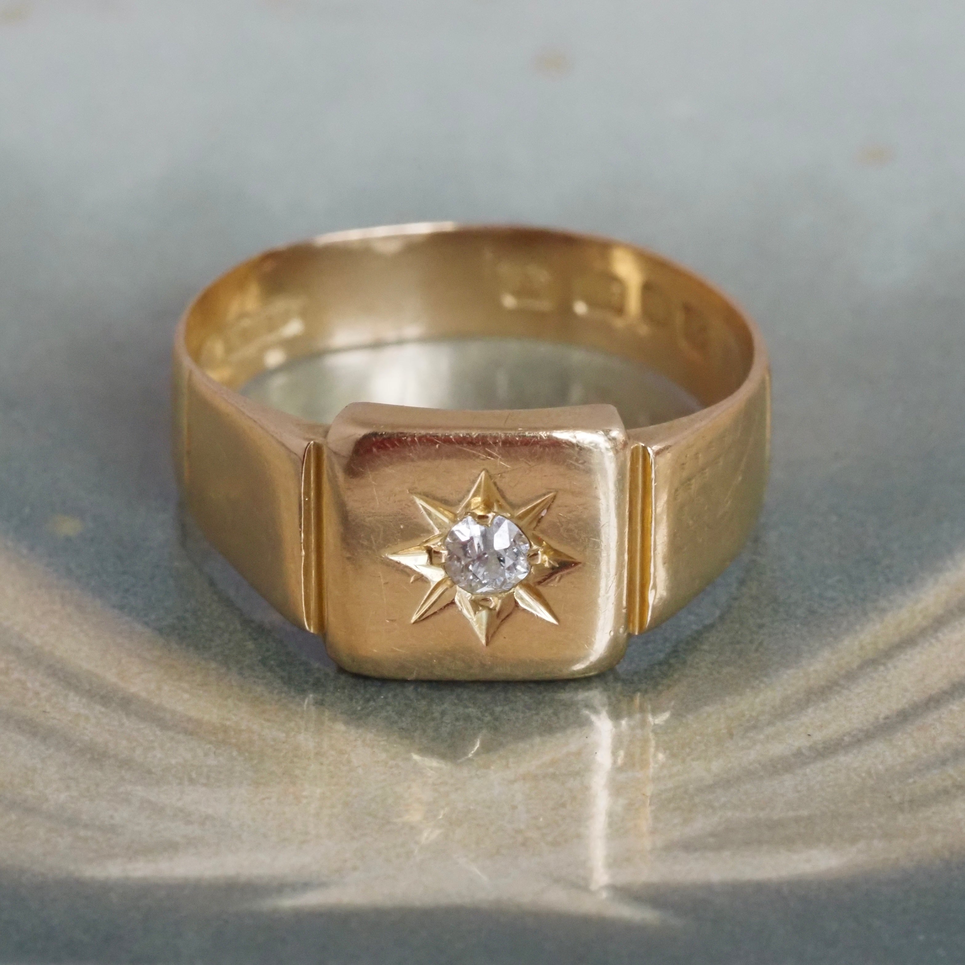 English c. 1933 18k Gold Flush Set Old Mine Cut Diamond Signet Ring