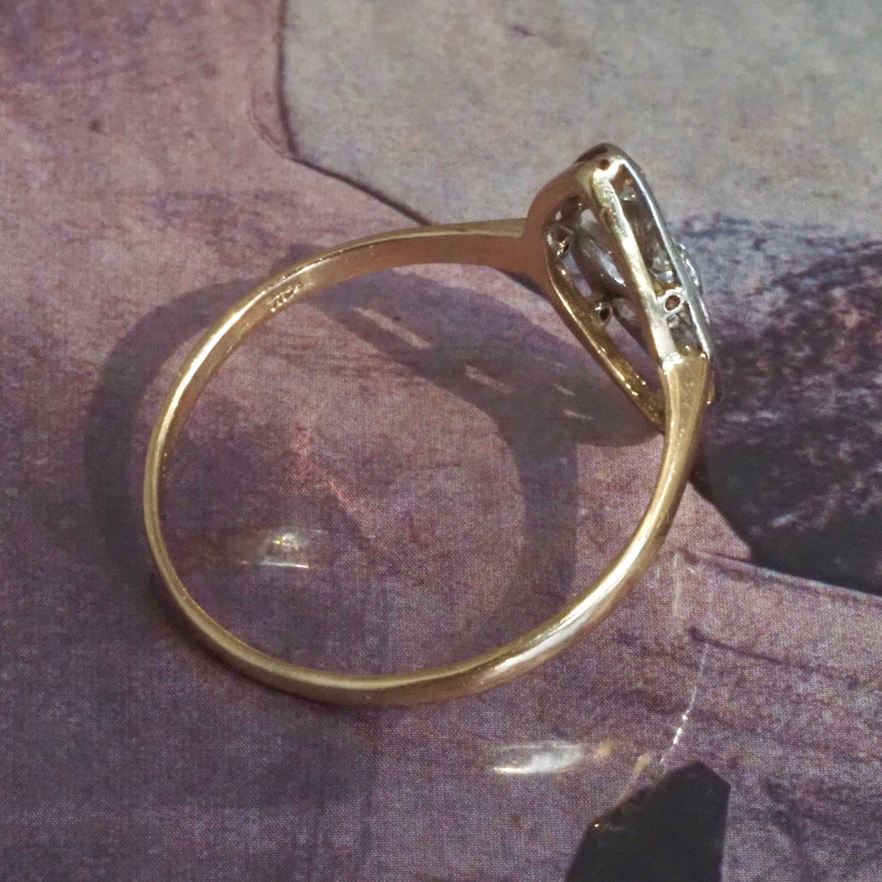Antique Late Edwardian Navette Diamond Platinum 14k Gold Ring