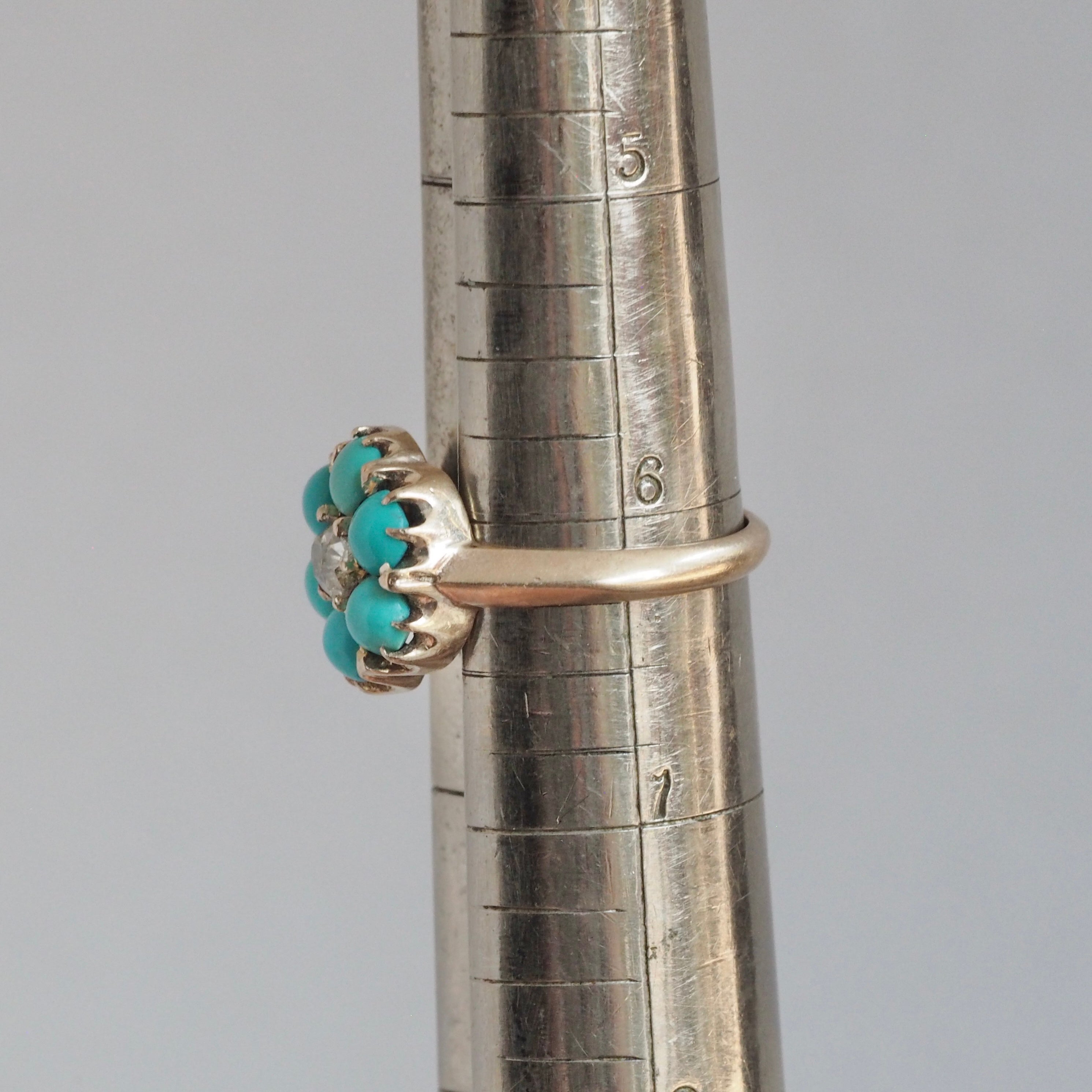 Victorian 10k Gold Turquoise and Old Mine Cut Diamond Flower Ring