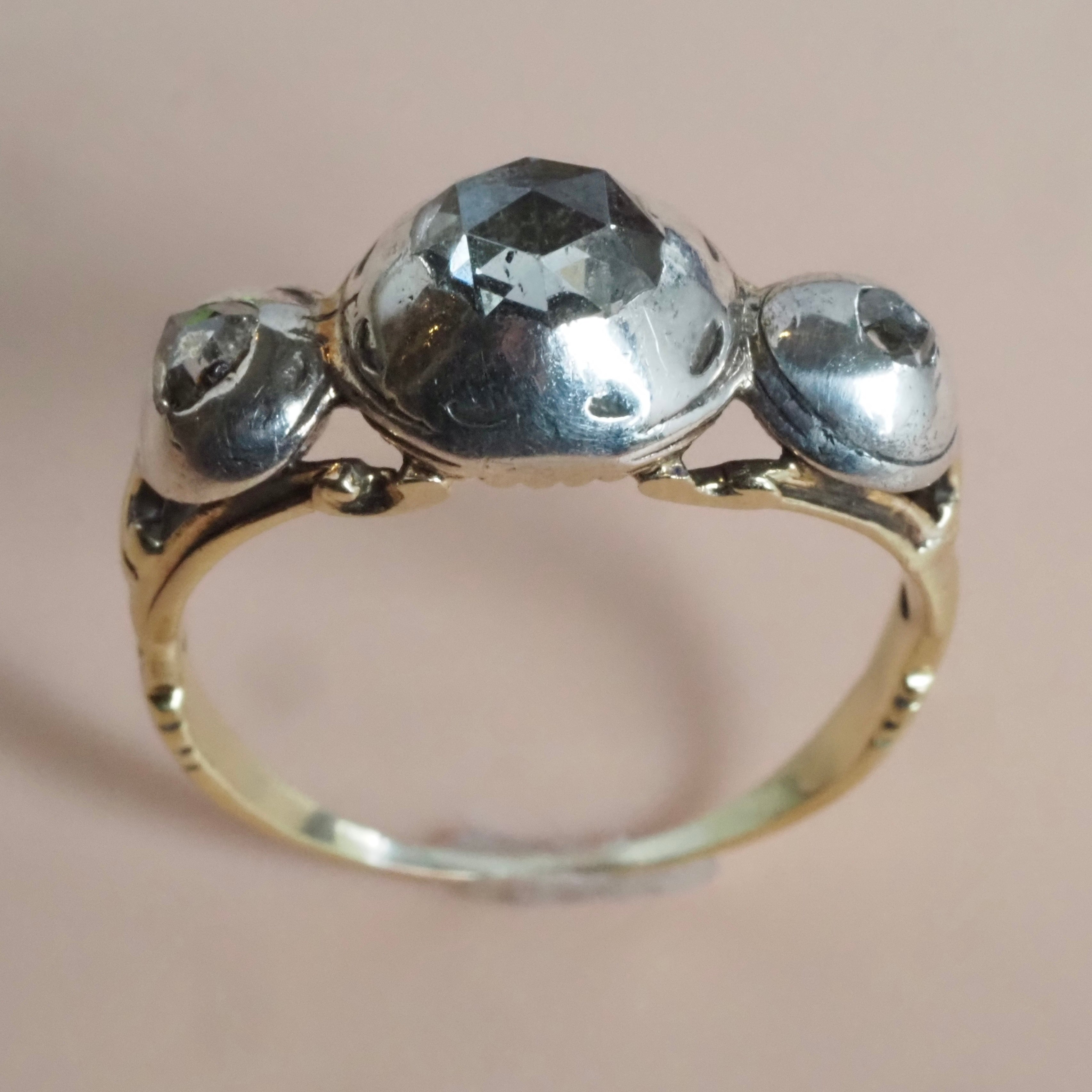 Antique Early 18th Century Georgian Dutch Cut Rose Cut Diamond 18k Gold and Sterling Silver Trilogy Ring