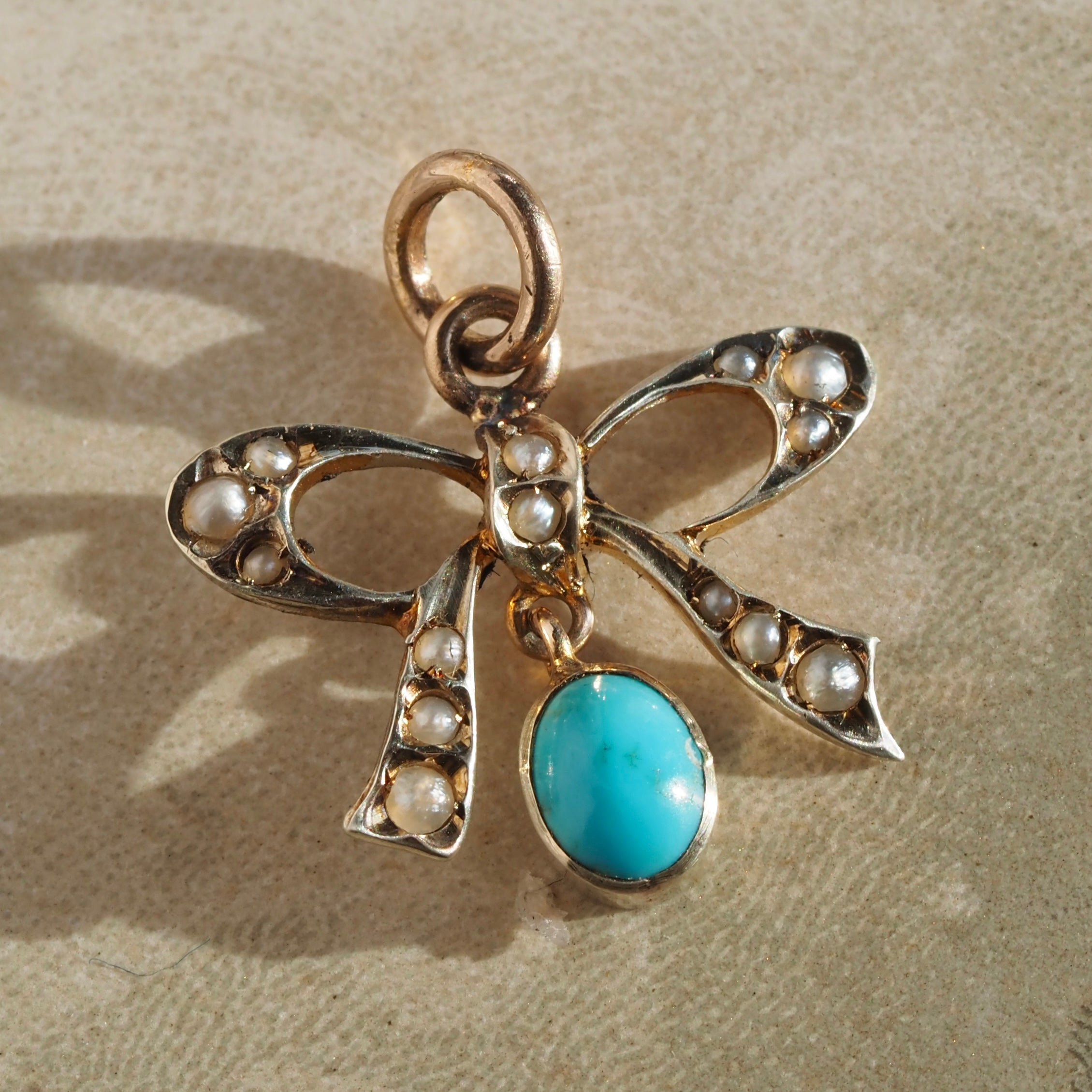 Antique Seed Pearl and Turquoise 10k Gold Bow Charm Pendant