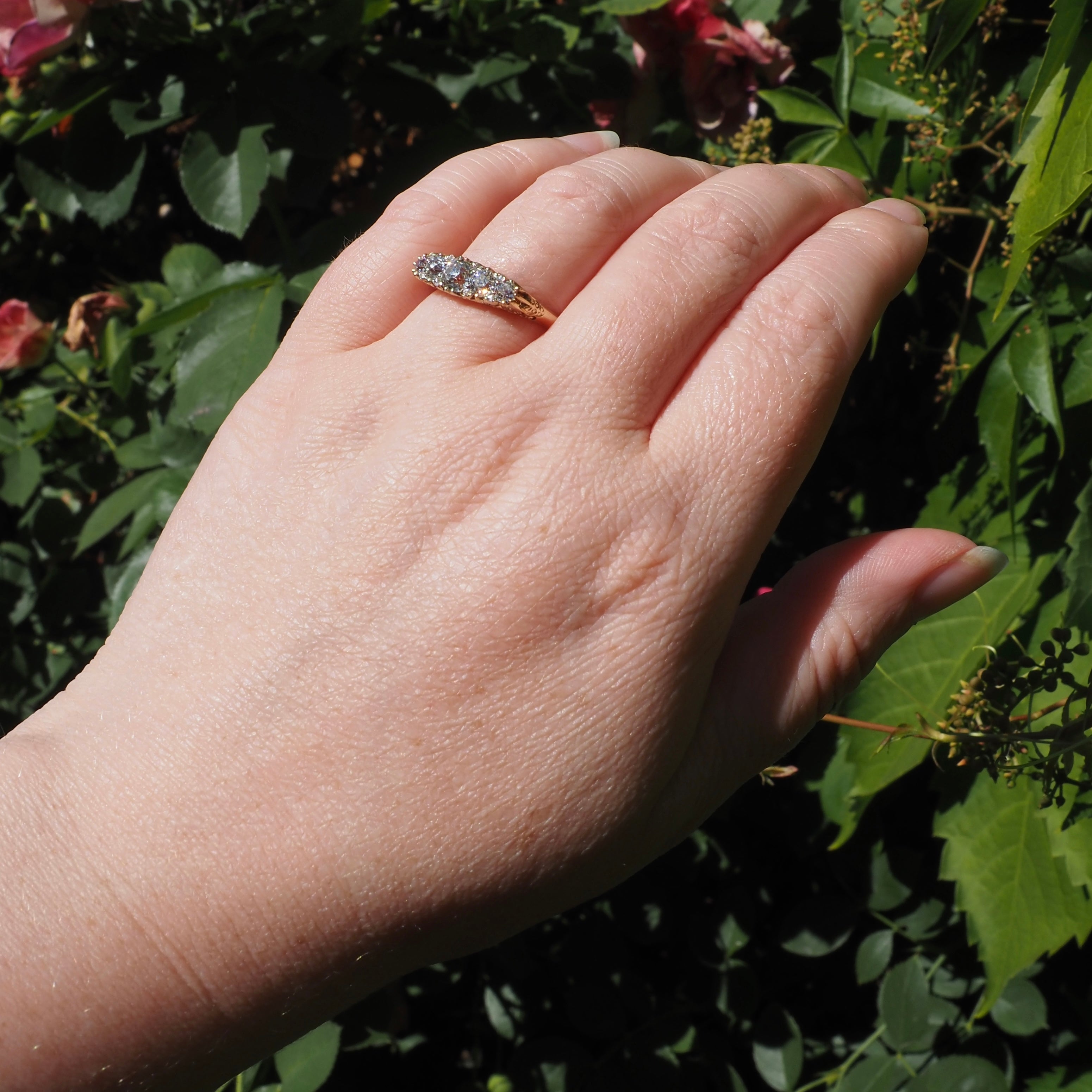 Antique Turn of the Century Old Mine Cut Diamond Five Stone 18k Gold Ring with Rose Cut Diamond Accents