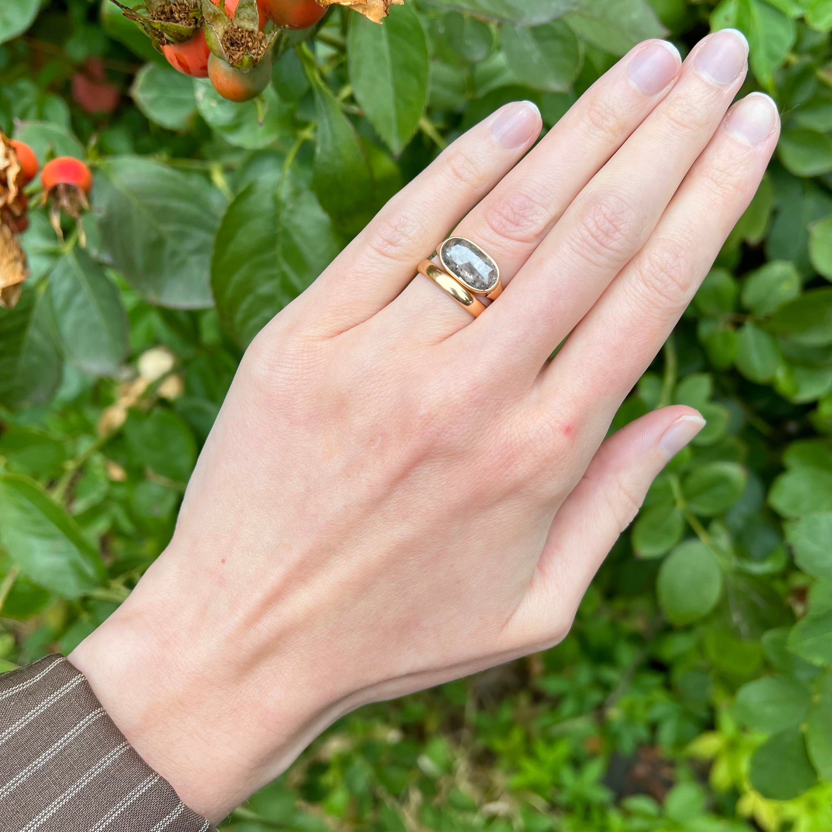 East West Salt and Pepper Rose Cut Diamond Solitaire 14k Gold Engagement Ring