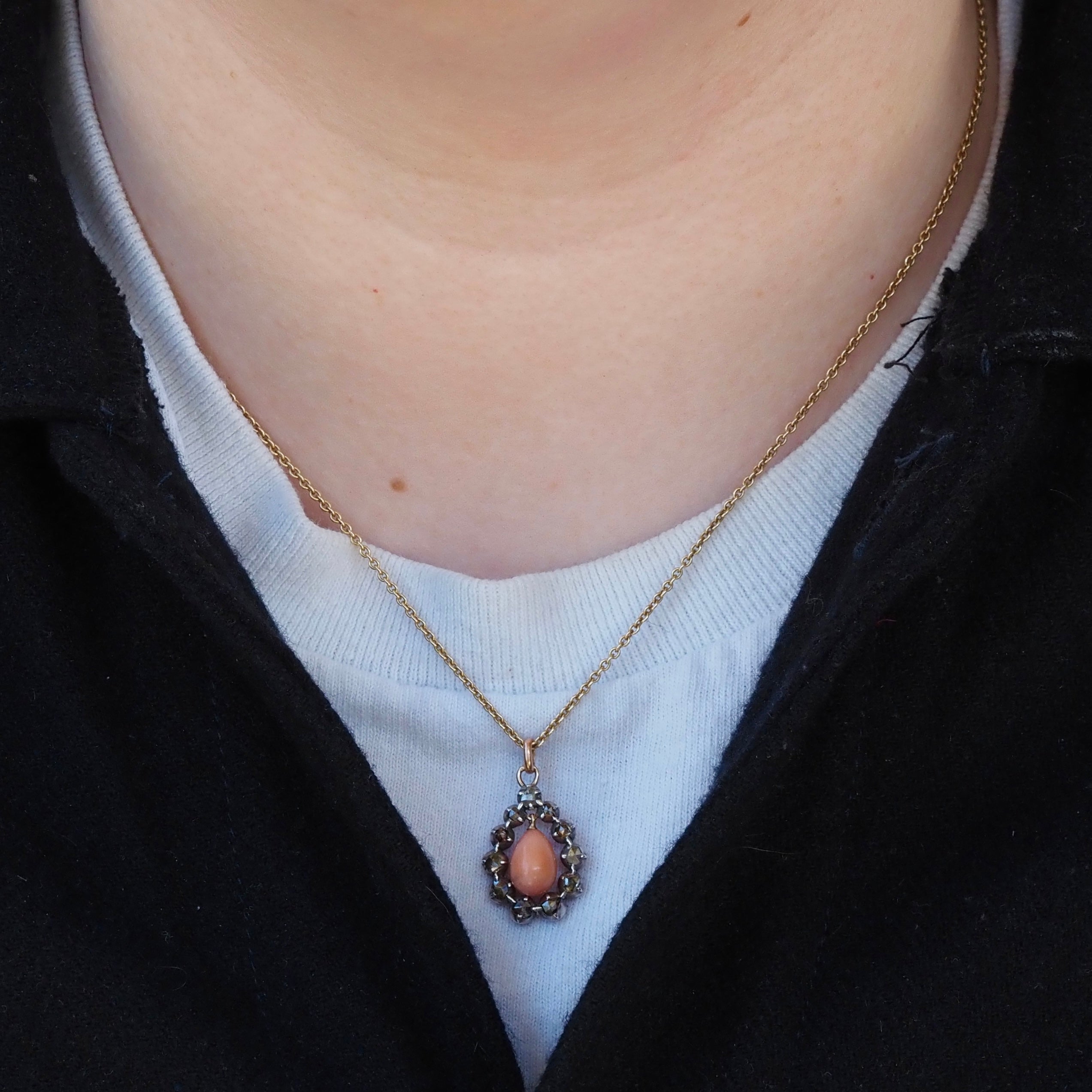 Antique Georgian Foil Backed Rose Cut Diamond and Coral Pendant