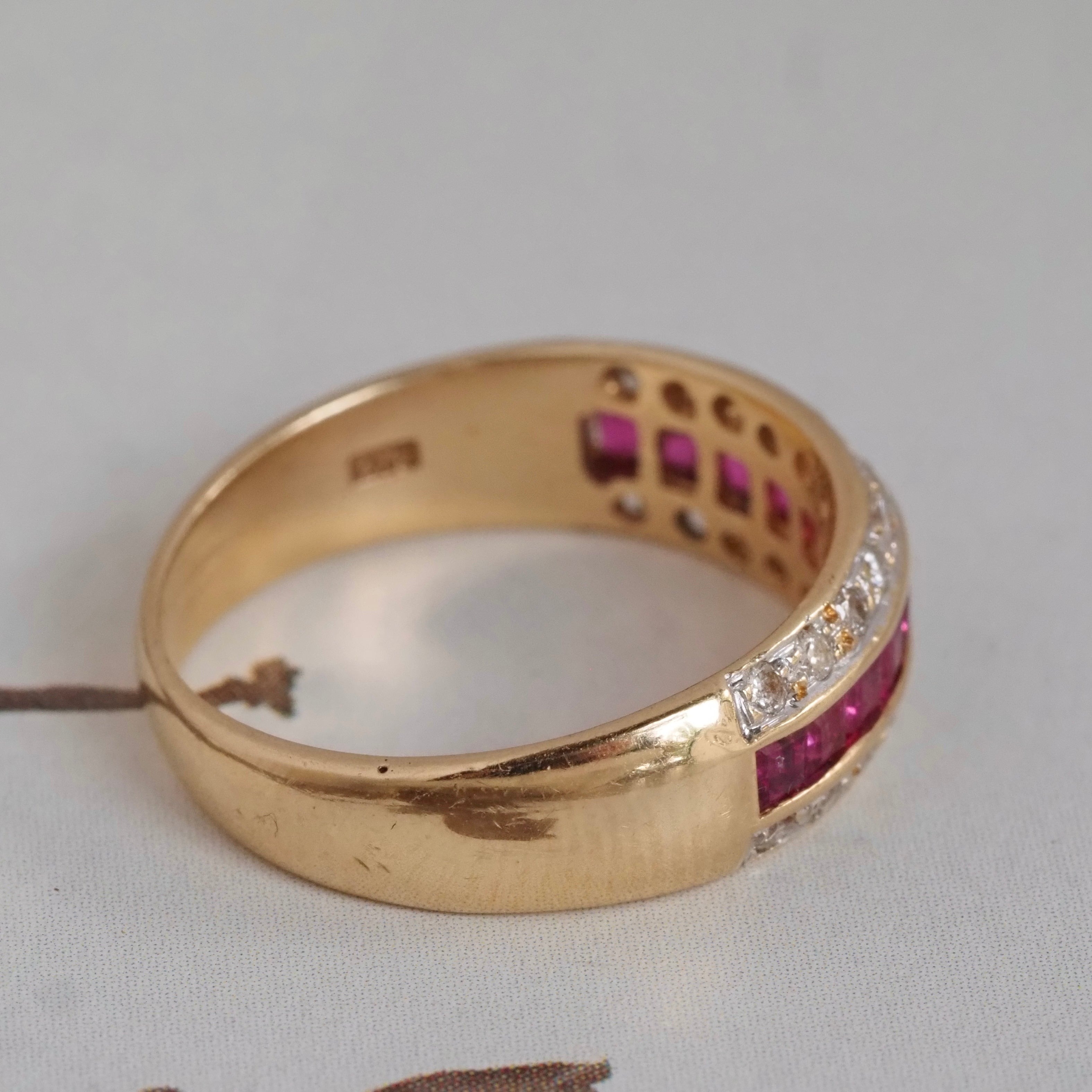 Vintage Channel Set Natural Princess Cut Ruby and Diamond 14k Gold Ring