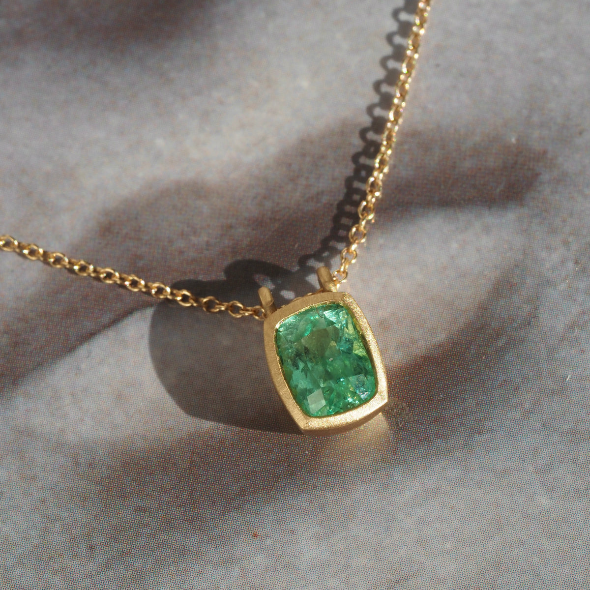 Emerald Brushed 14k Gold Necklace