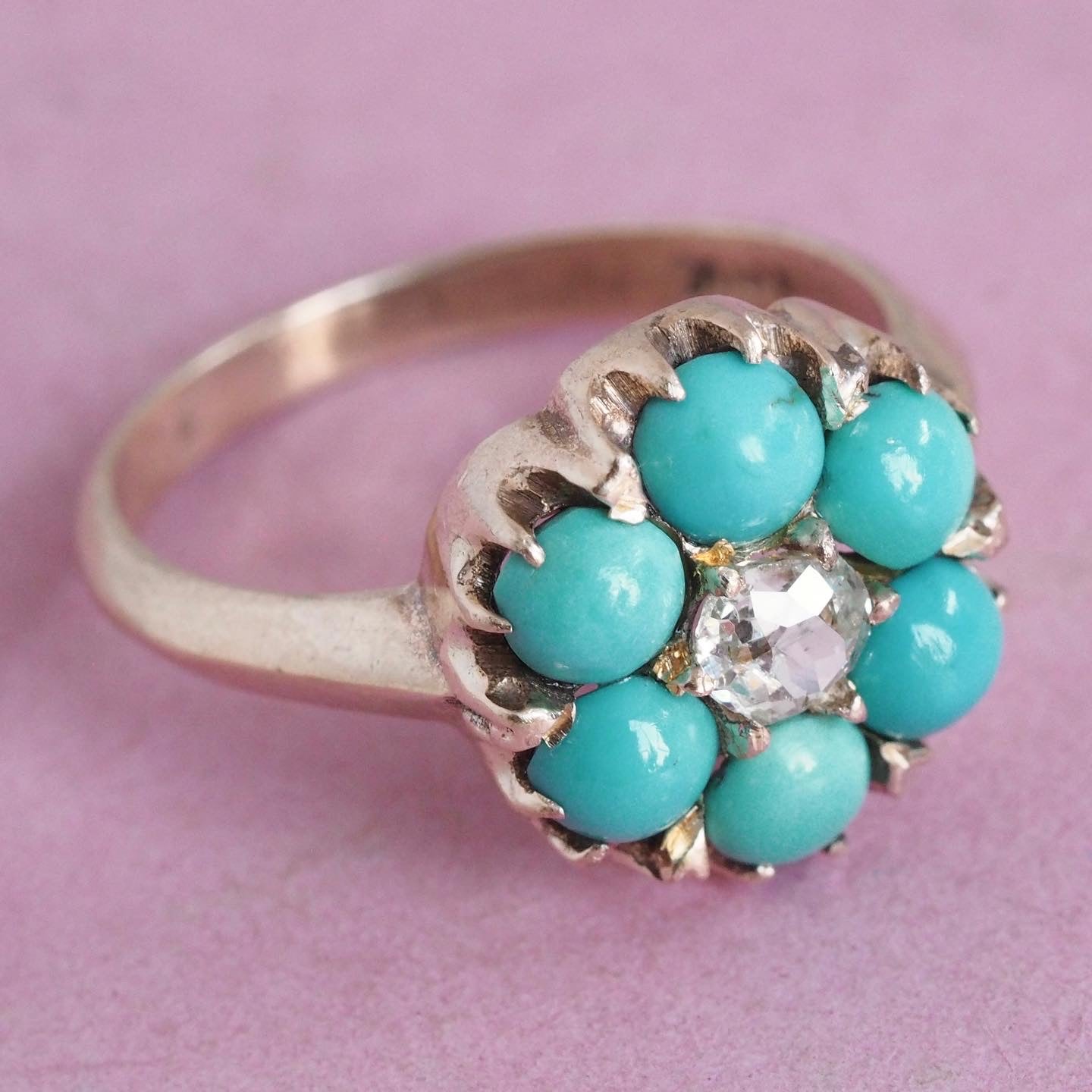 Victorian 10k Gold Turquoise and Old Mine Cut Diamond Flower Ring