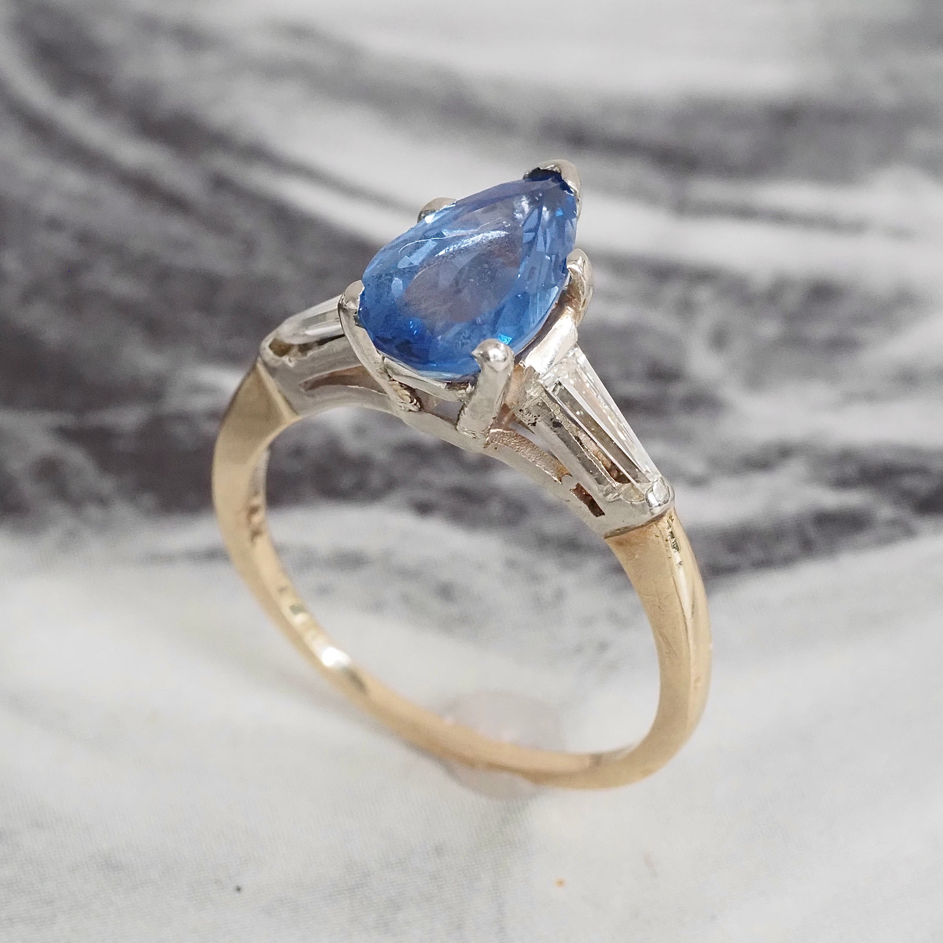 Vintage Pear Sapphire and Tapered Baguette Diamond 14k Gold Ring