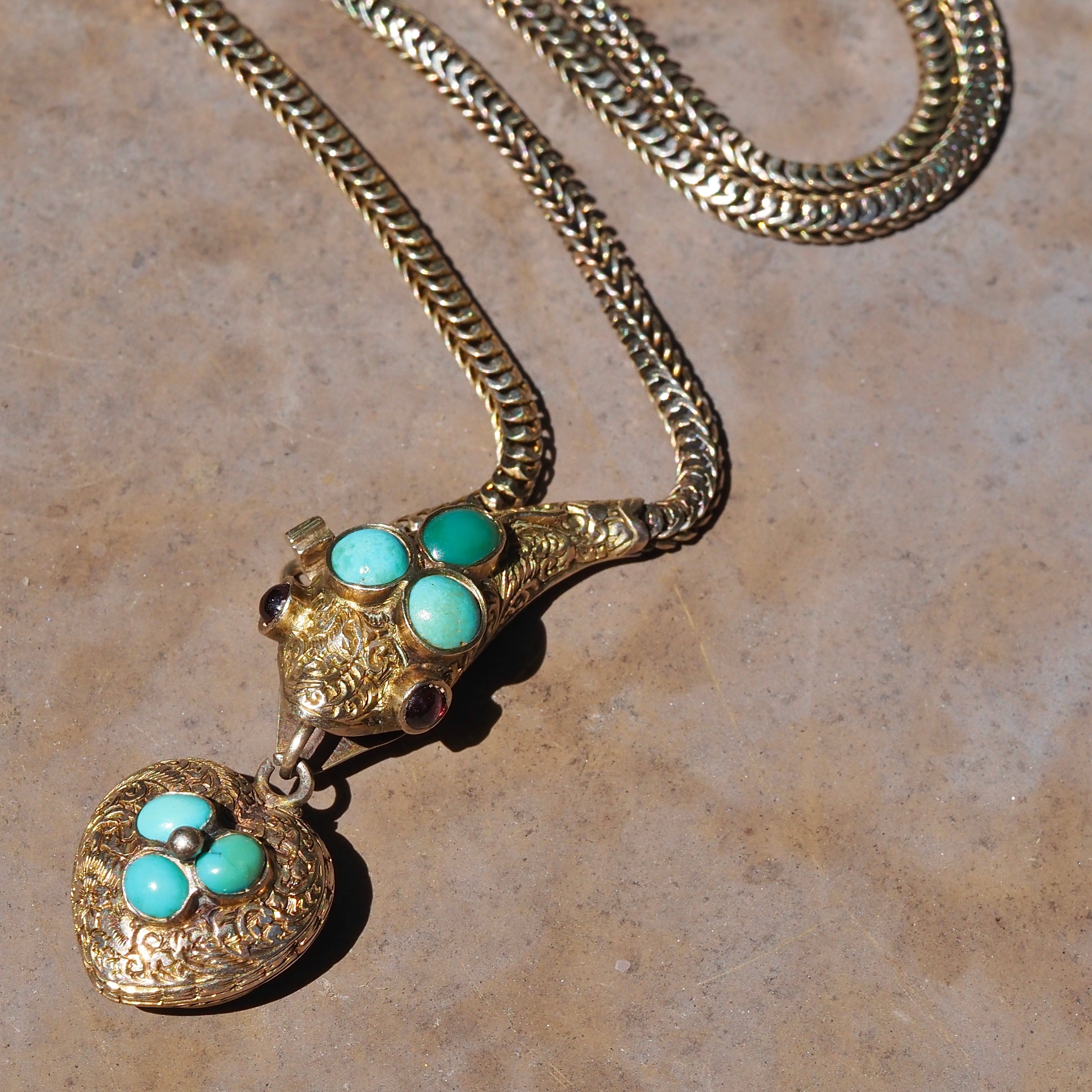 Antique Victorian 9k Gold Turquoise and Garnet Snake Locket Necklace