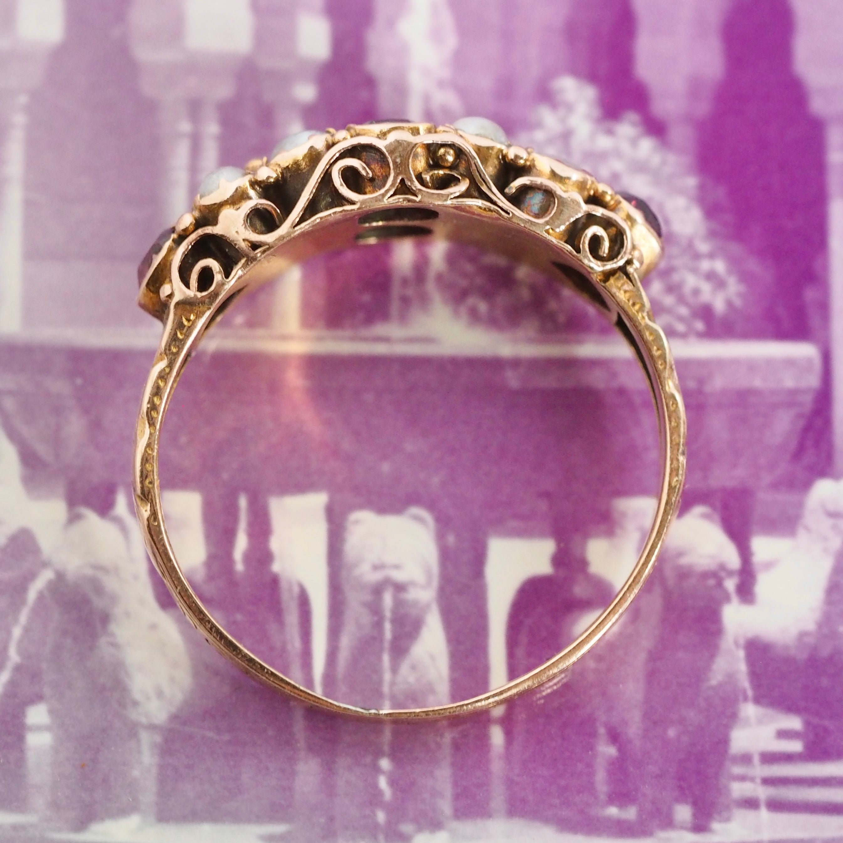 Antique Victorian c. 1872 15k Gold Almandine Garnet Seed Pearl Ring
