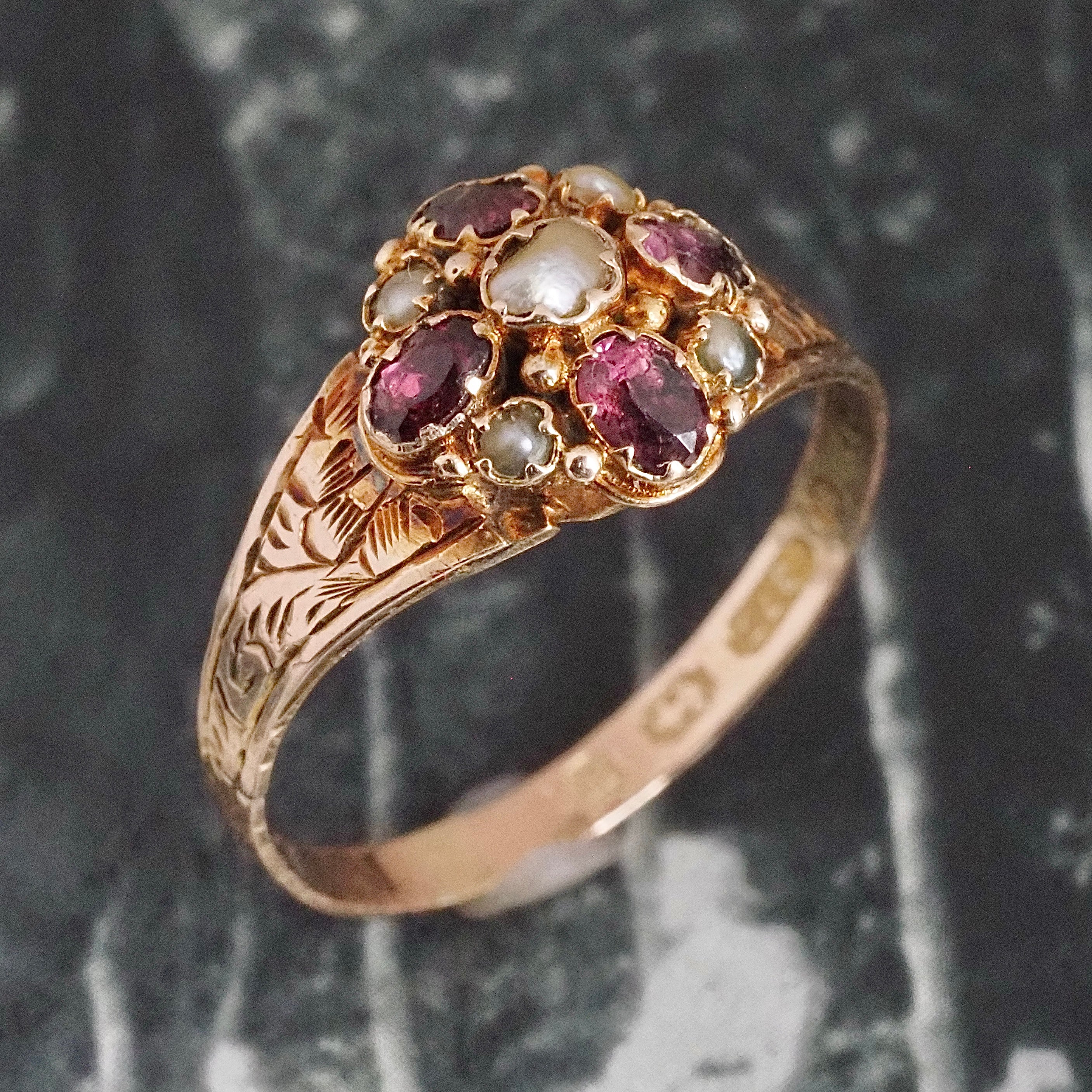 Victorian Revival Garnet and 2024 Seed Pearl 9k Gold Ring