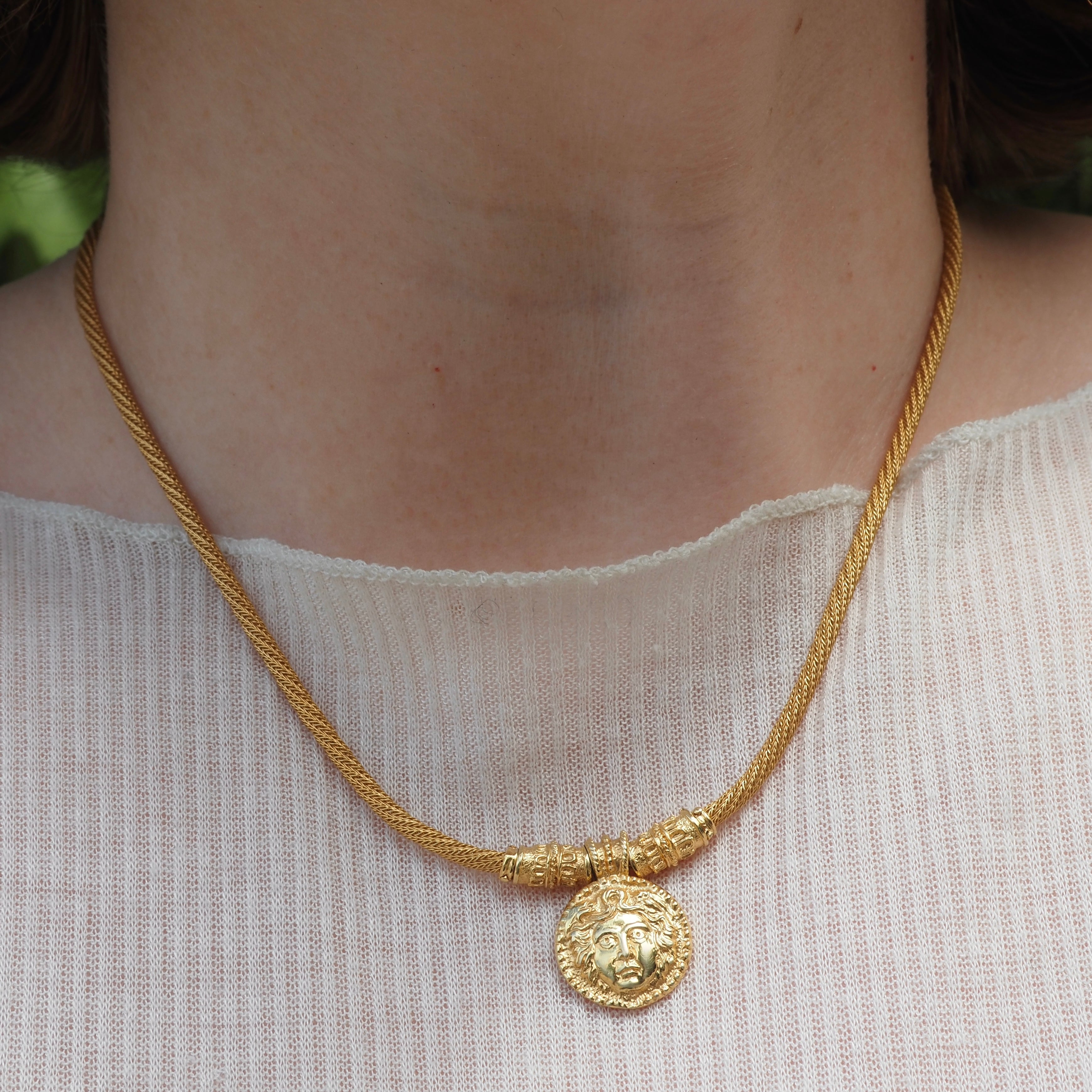 Vintage Italian Medusa 14k Gold Ancient Style Necklace