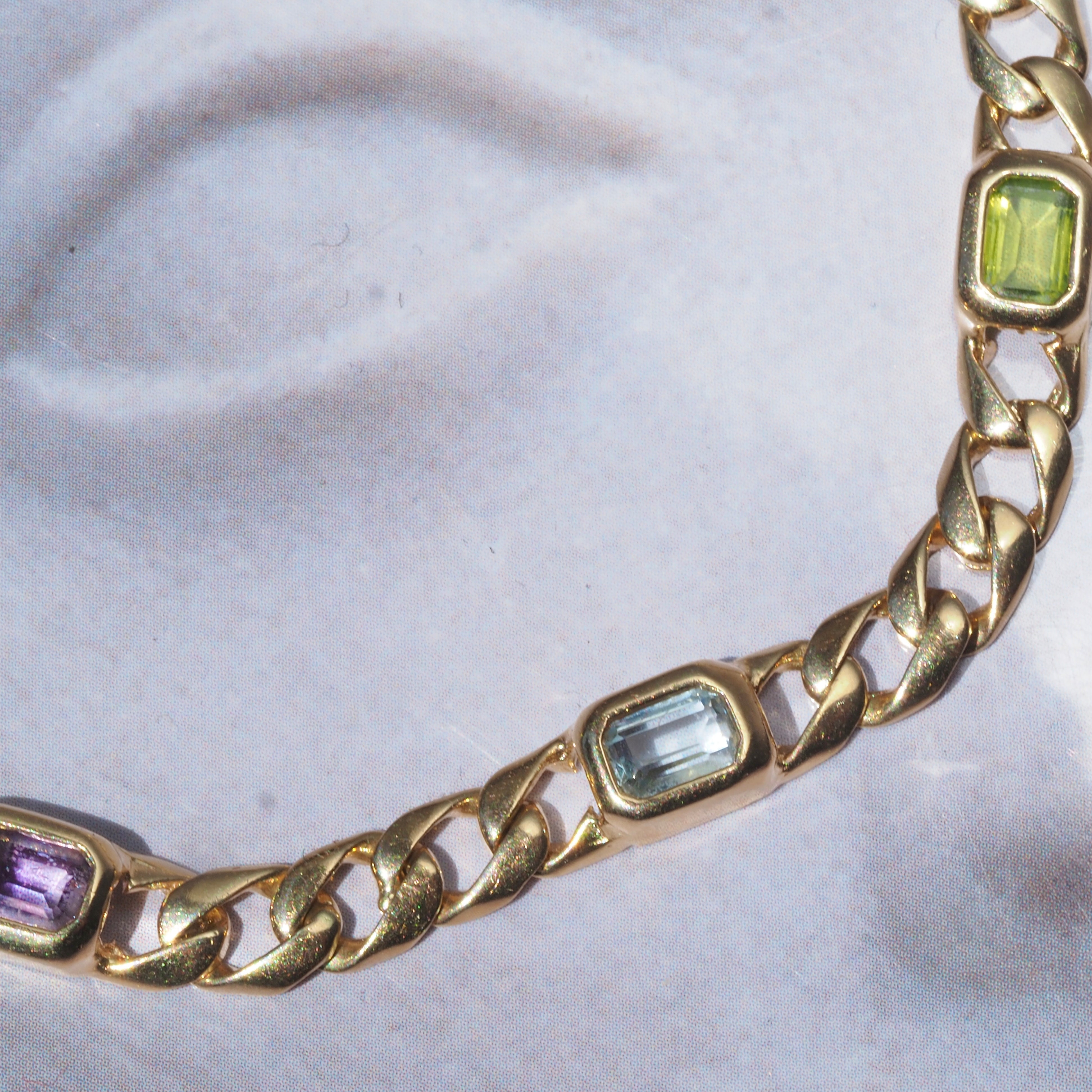 Vintage 14k Gold Curb Station Bracelet with Citrine Peridot Amethyst Garnet and Topaz