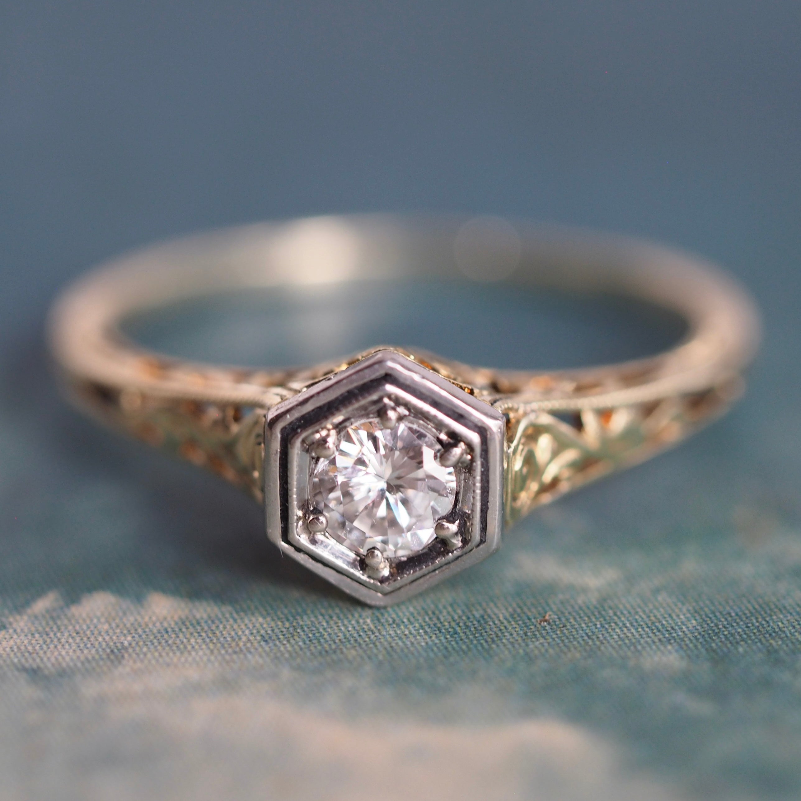 Antique Art Deco 15k Gold and Platinum Hexagon Diamond Ring