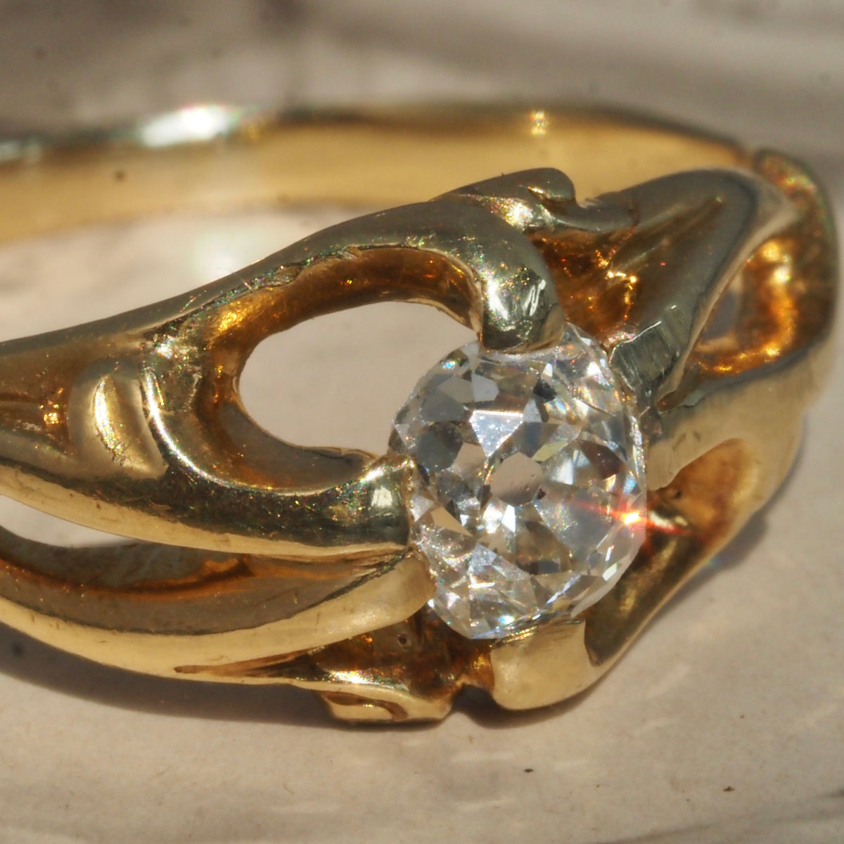 Antique French Art Nouveau Old Mine Cut Diamond 18k Gold Belcher Engagement Ring