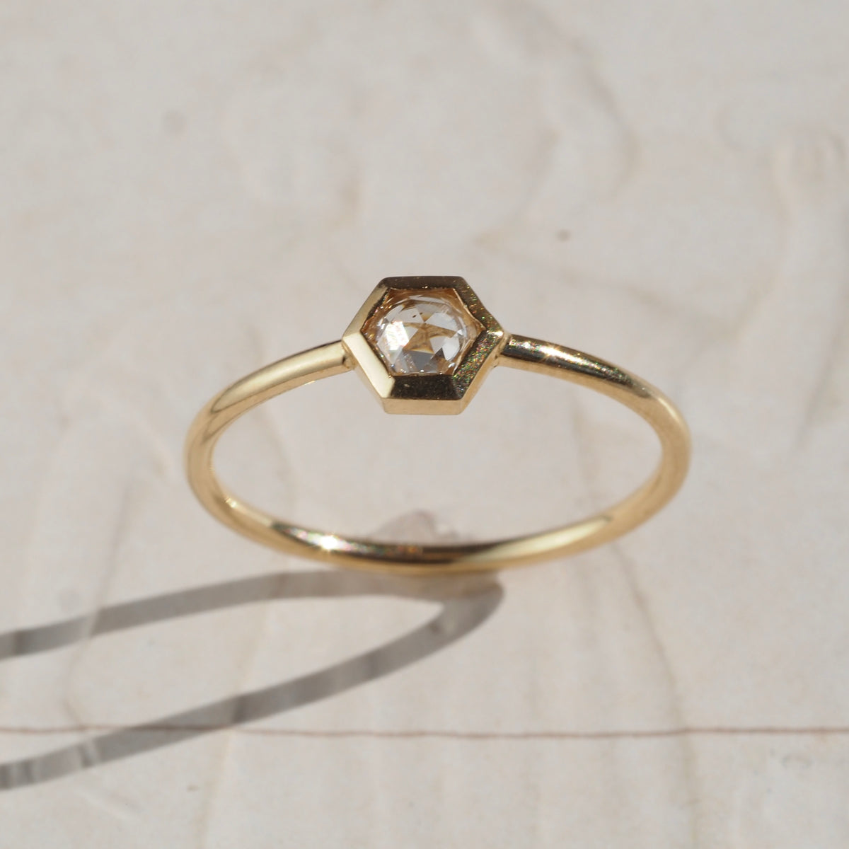 Rose Cut Diamond Hexagon 14k Gold Ring