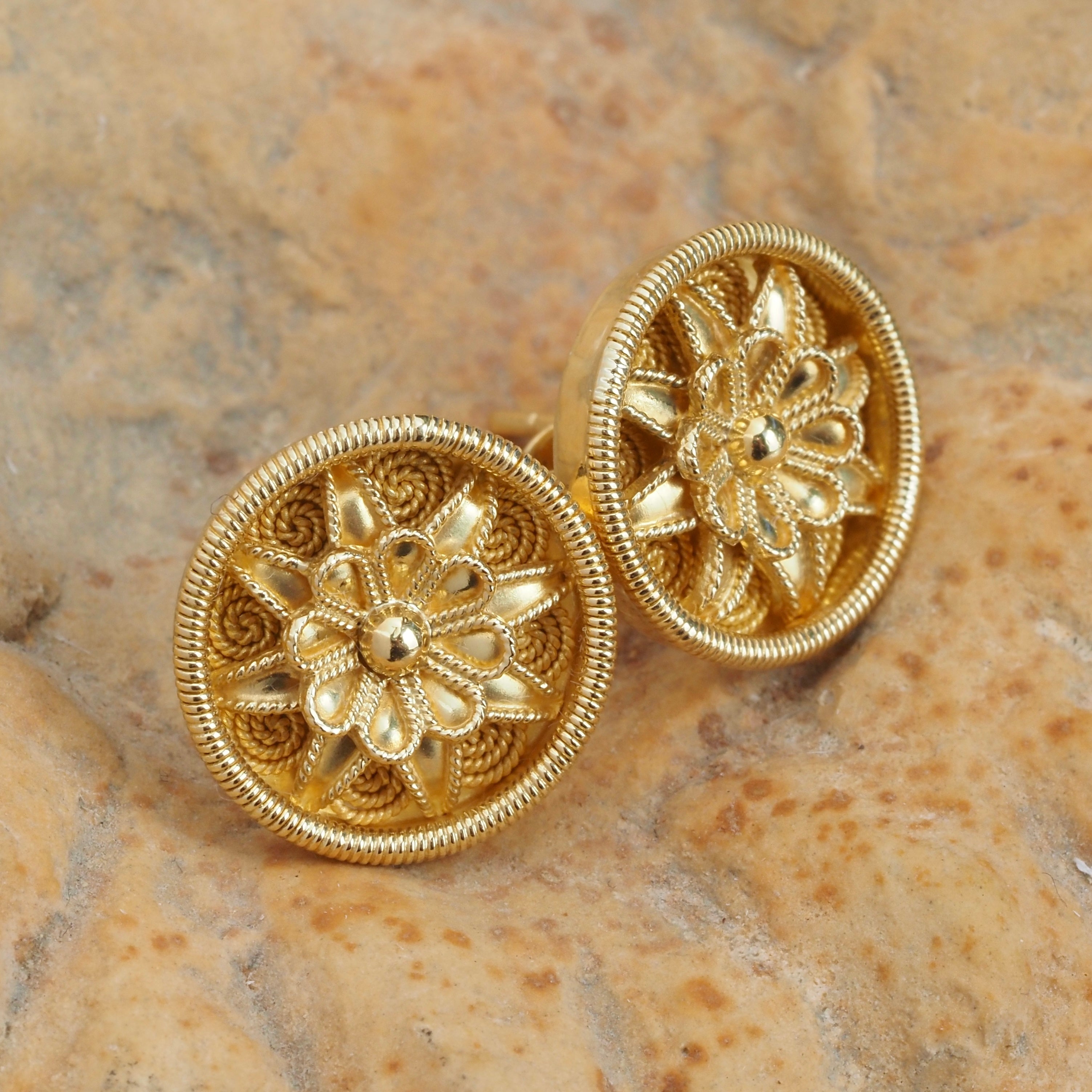 Vintage Greek 18k Gold Floral Disc Earrings