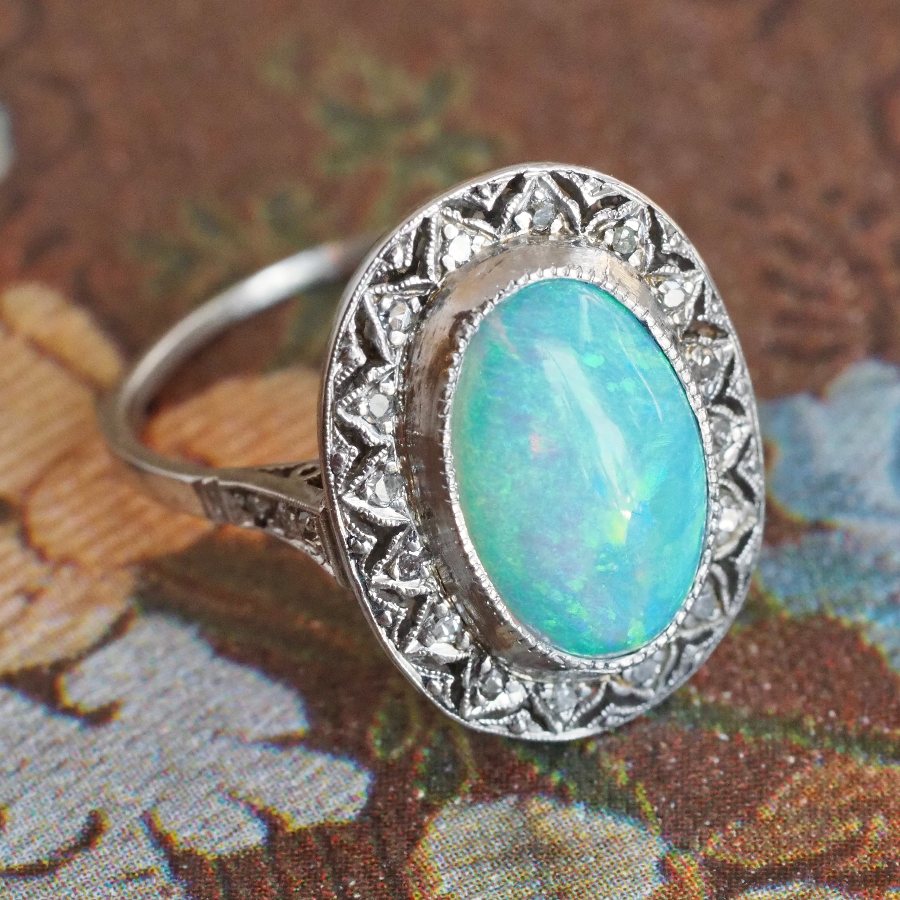 Vintage Art Deco Style Platinum Opal and Diamond Halo Ring