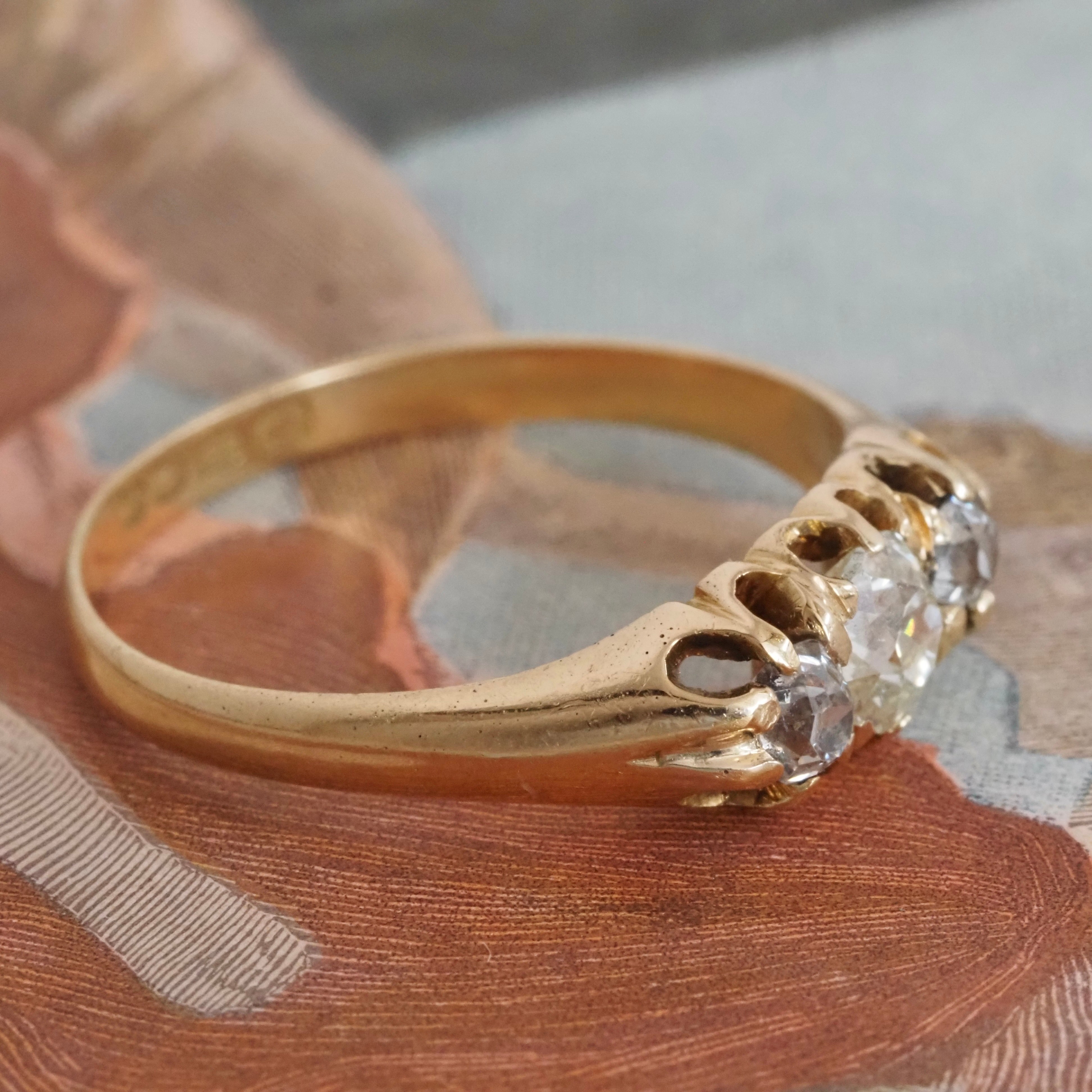 Antique English c.1905 Old Mine Cut Diamond Trilogy 18k Gold Ring