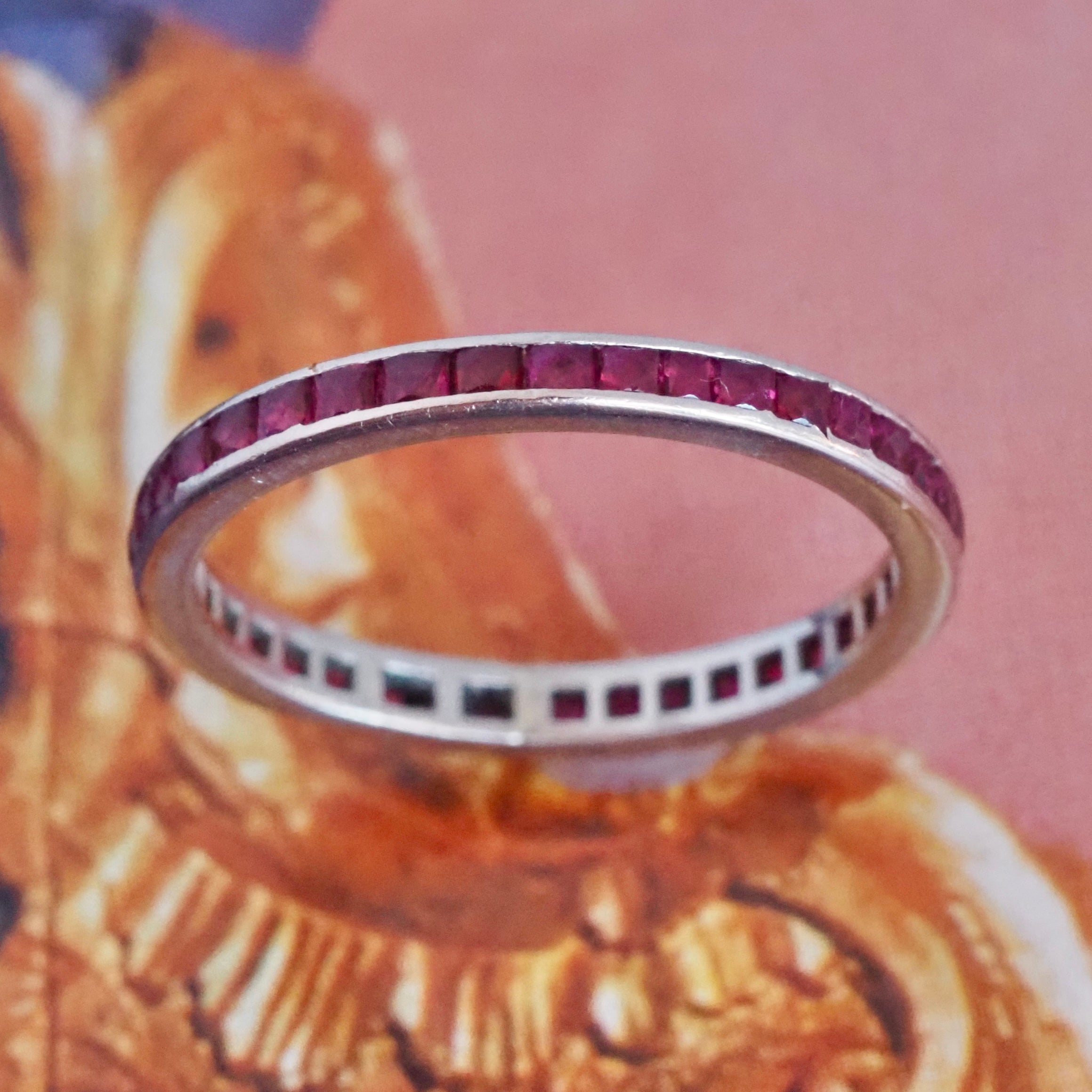 Antique Art Deco Platinum French Cut Ruby Eternity Band