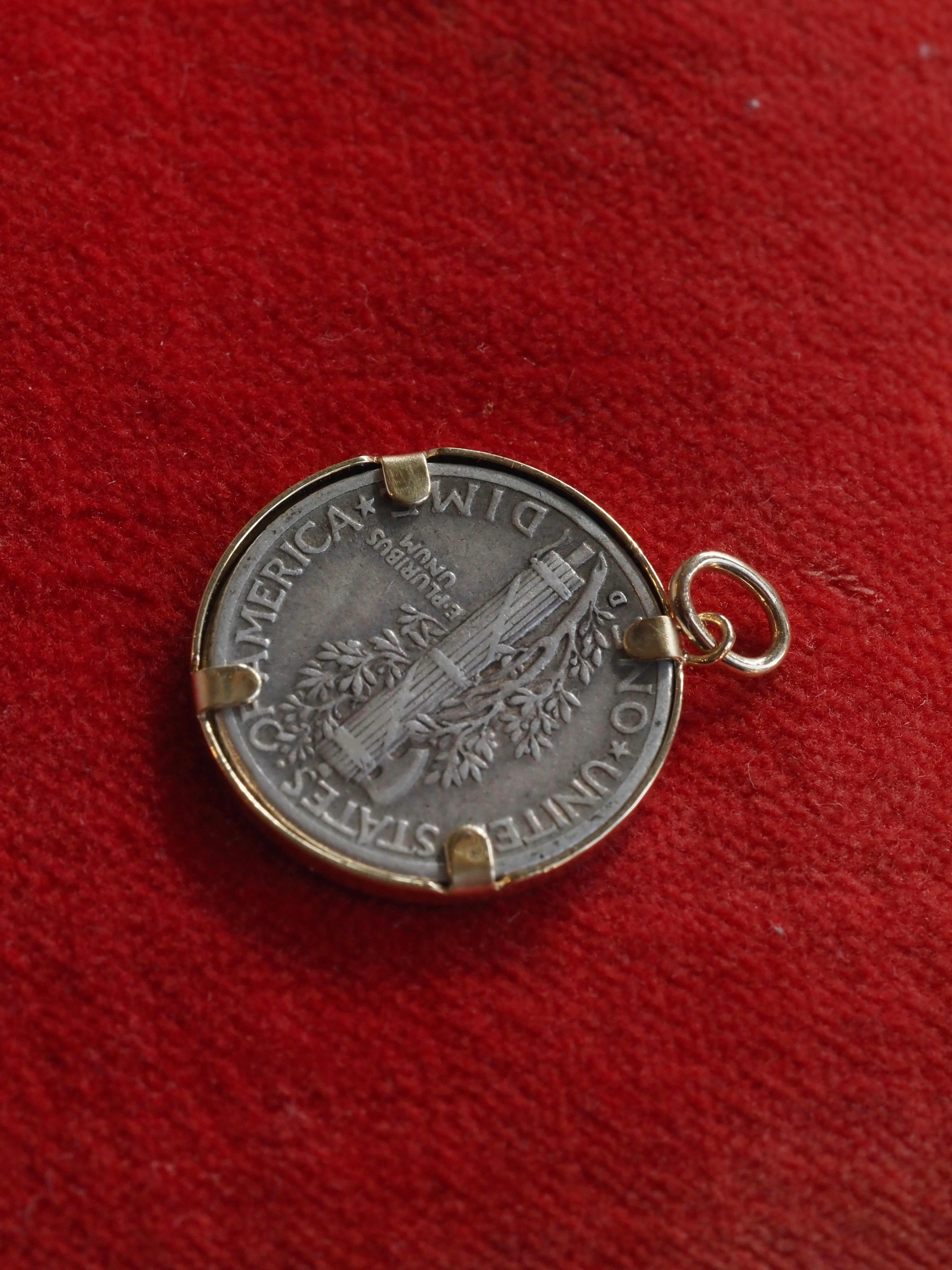 Vintage c. 1941 Mercury Dime in 14k Gold Pendant