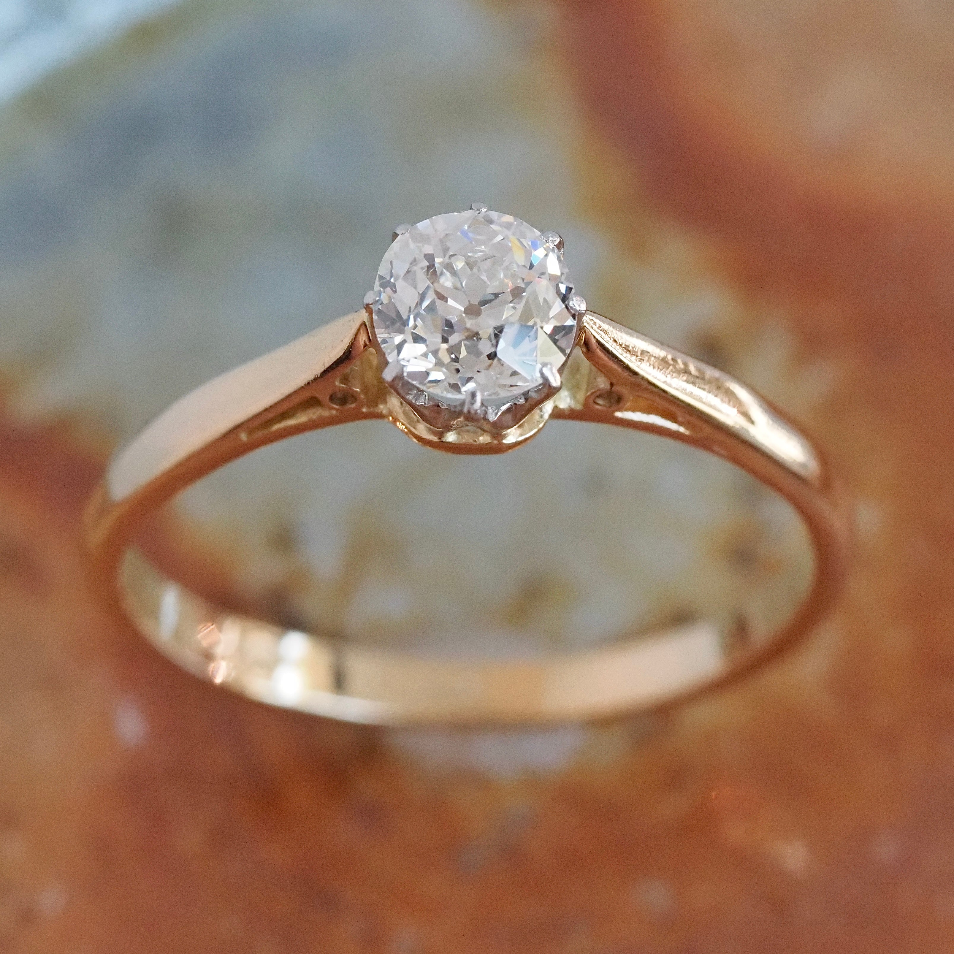 Antique 18k Gold and Platinum Old Mine Cut Diamond Solitaire Ring