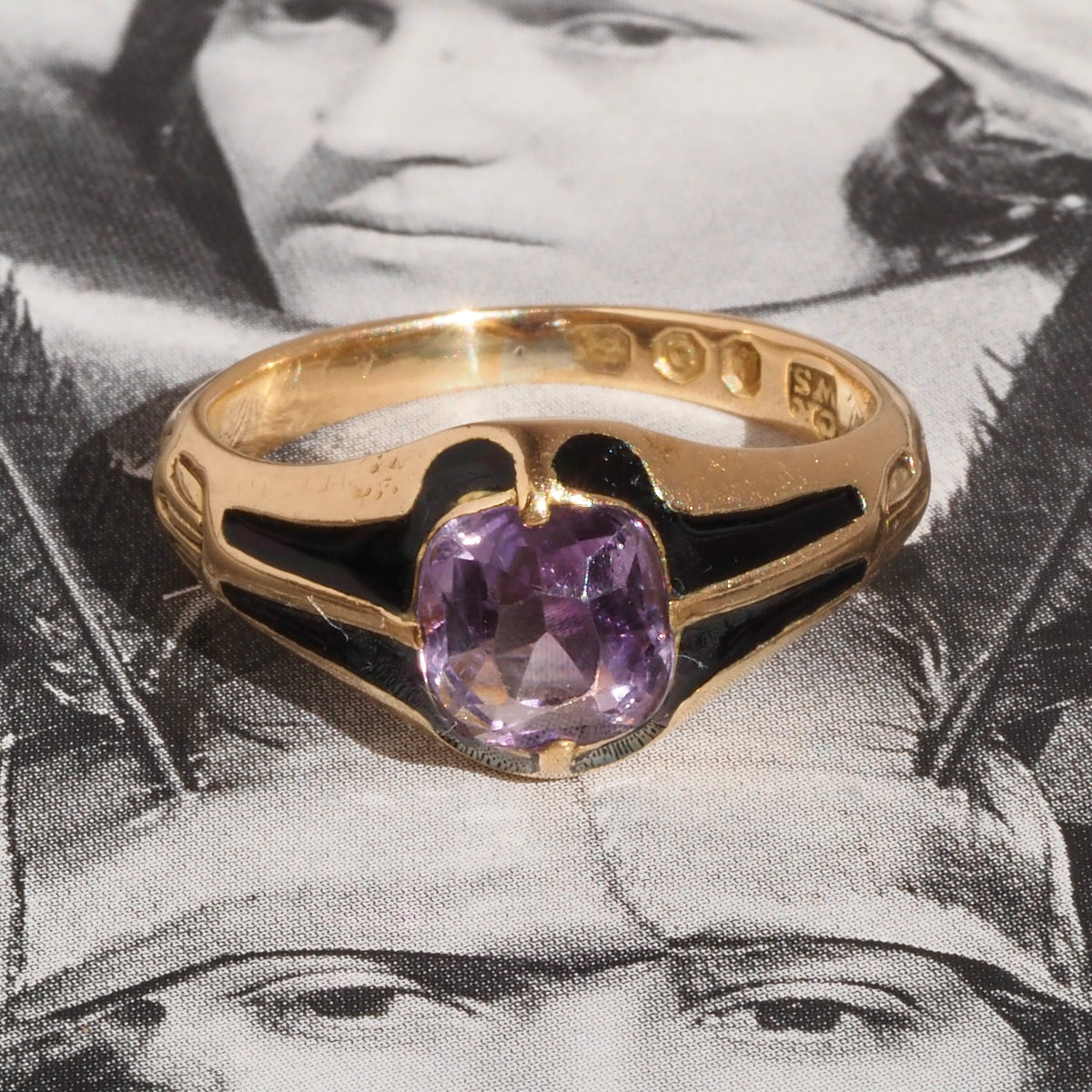 Antique c. 1844-45 Victorian English Amethyst and Black Enamel 14k Gold Ring