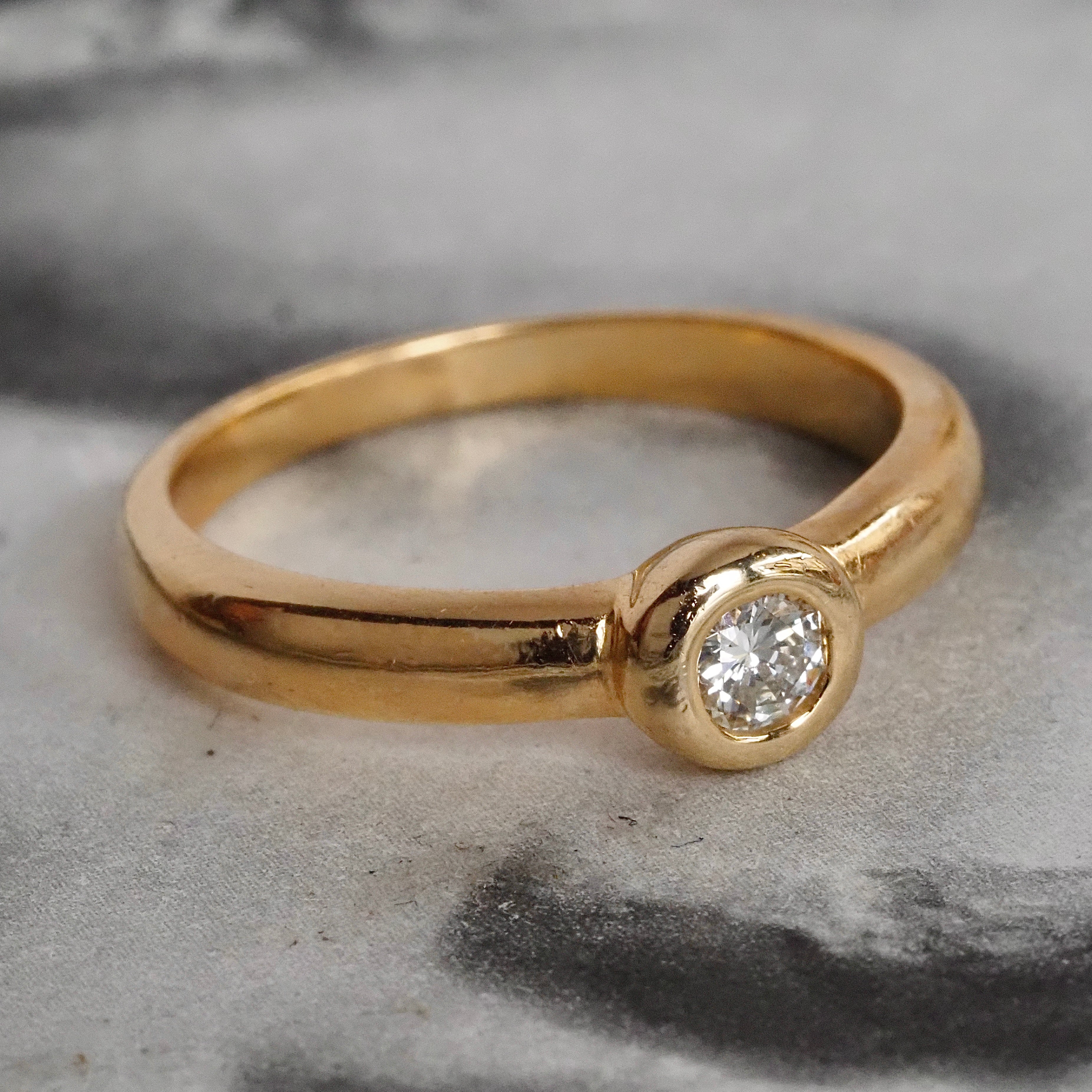 Vintage Round Brilliant Cut Diamond 14k Gold Bezel Set Solitaire Engagement Ring