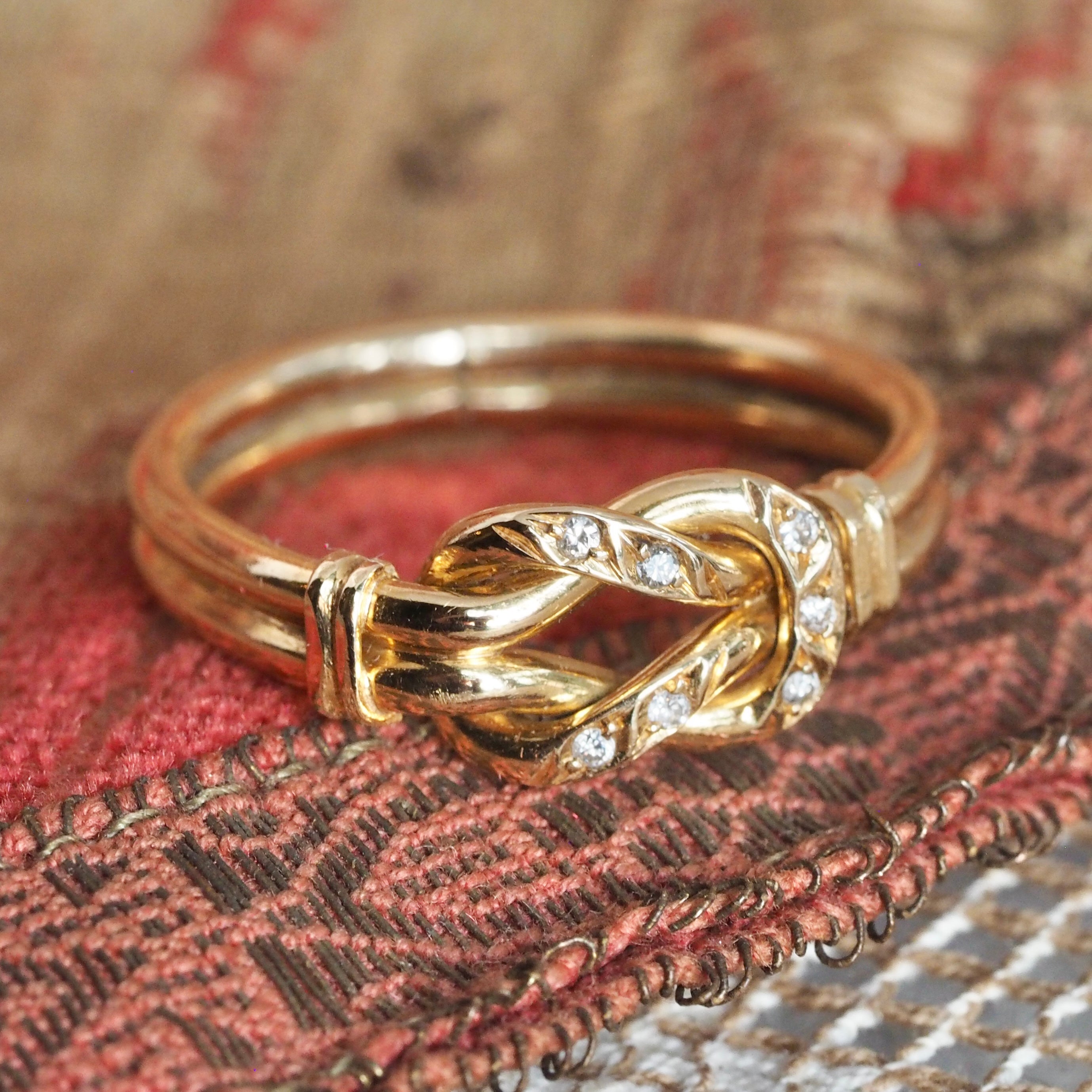 Vintage Portuguese 19k Gold Diamond Double Banded Knot Ring