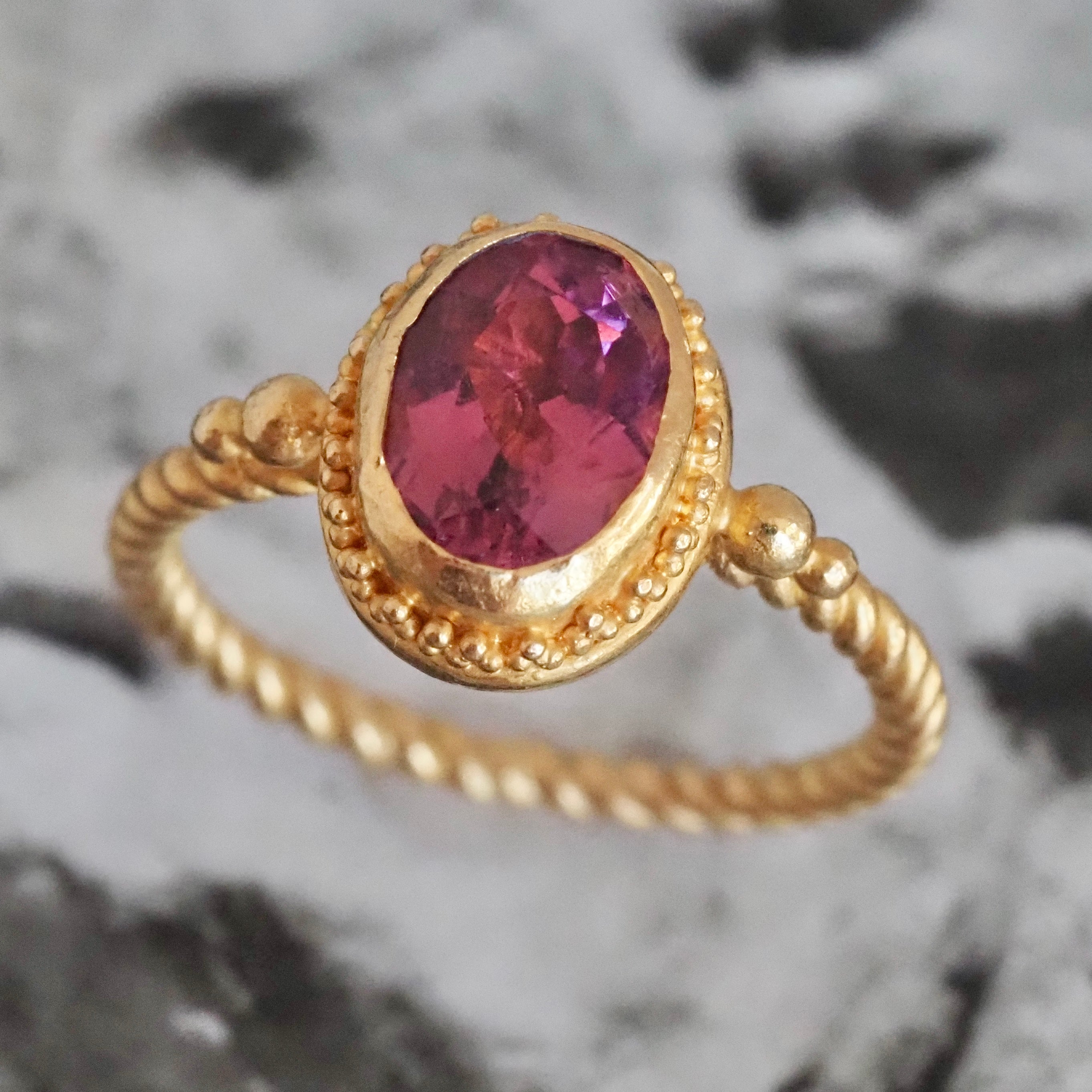 Vintage Etruscan Revival 22k Gold Pink Tourmaline Ring