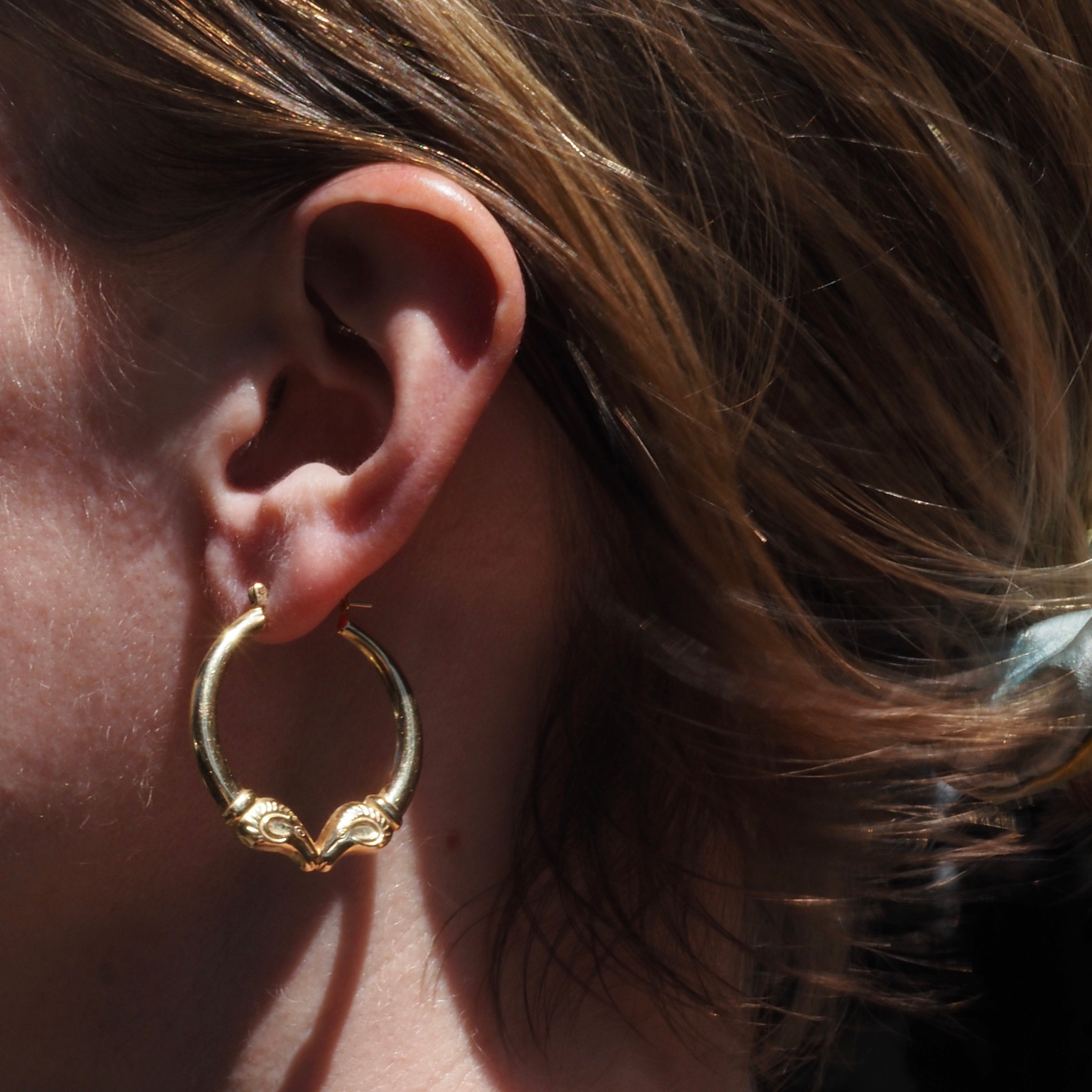 Vintage Large Ram 14k Gold Hoops