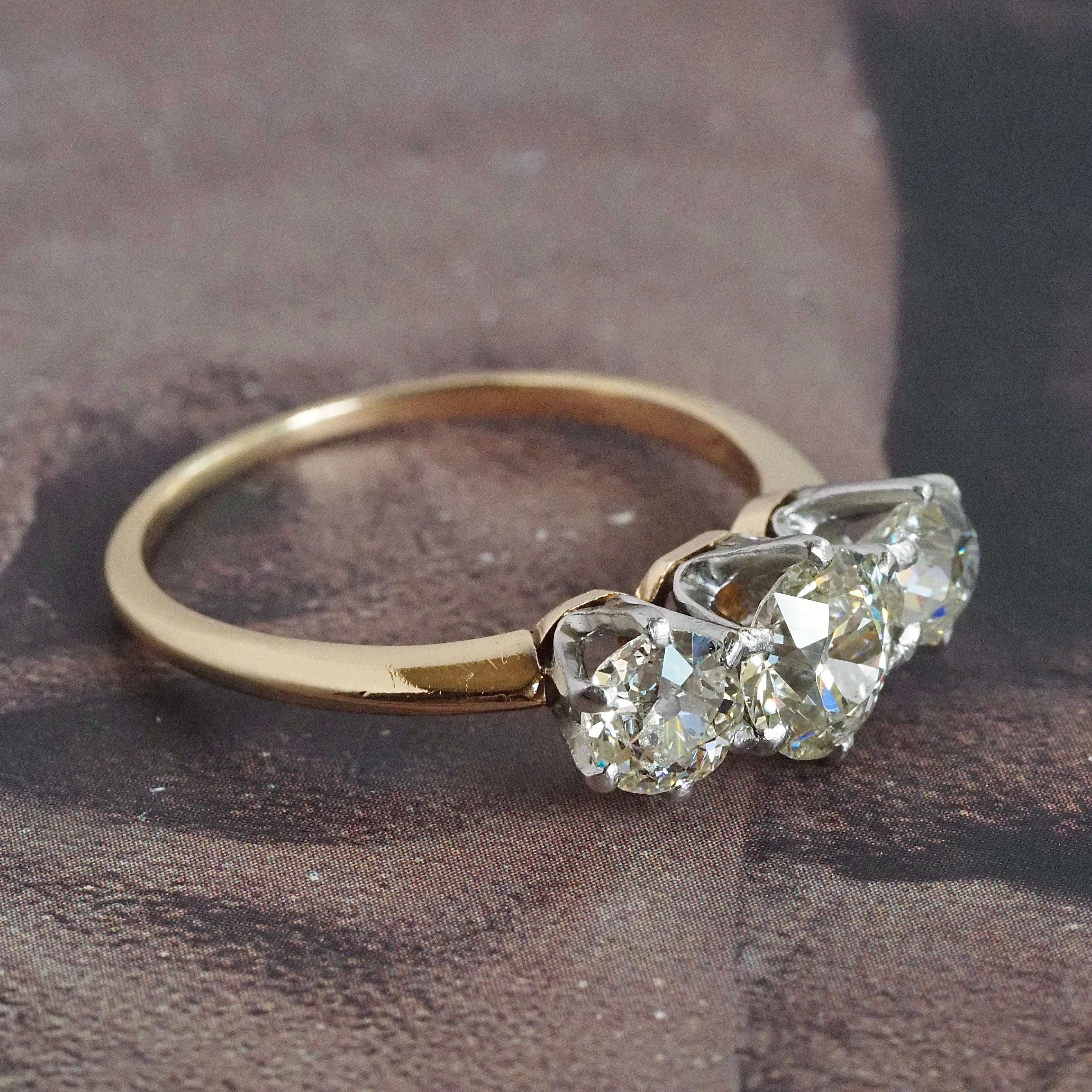 Vintage Old European & Old Mine Cut 1.59ctw Diamond Trilogy Platinum 14k Gold Engagement Ring