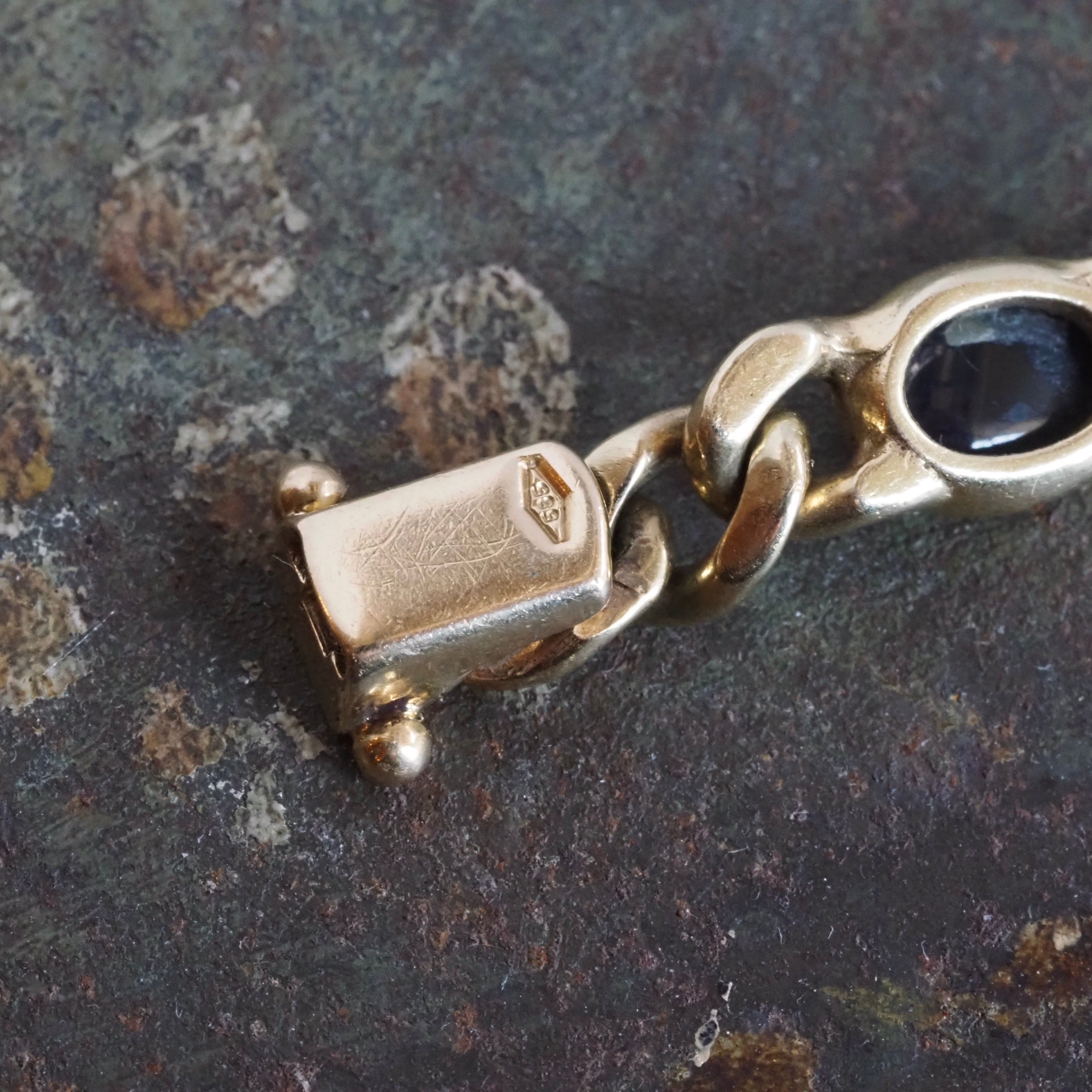 Vintage Italian Natural Blue Sapphire Cabochon 14k Gold Curb Link Station Bracelet
