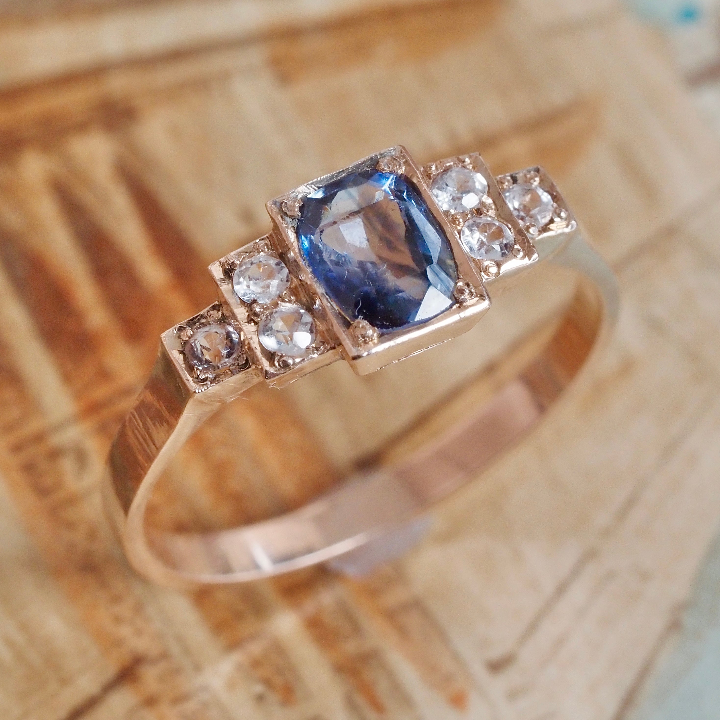 Late Deco Natural Sapphire and Spinel Step 9k Gold Ring