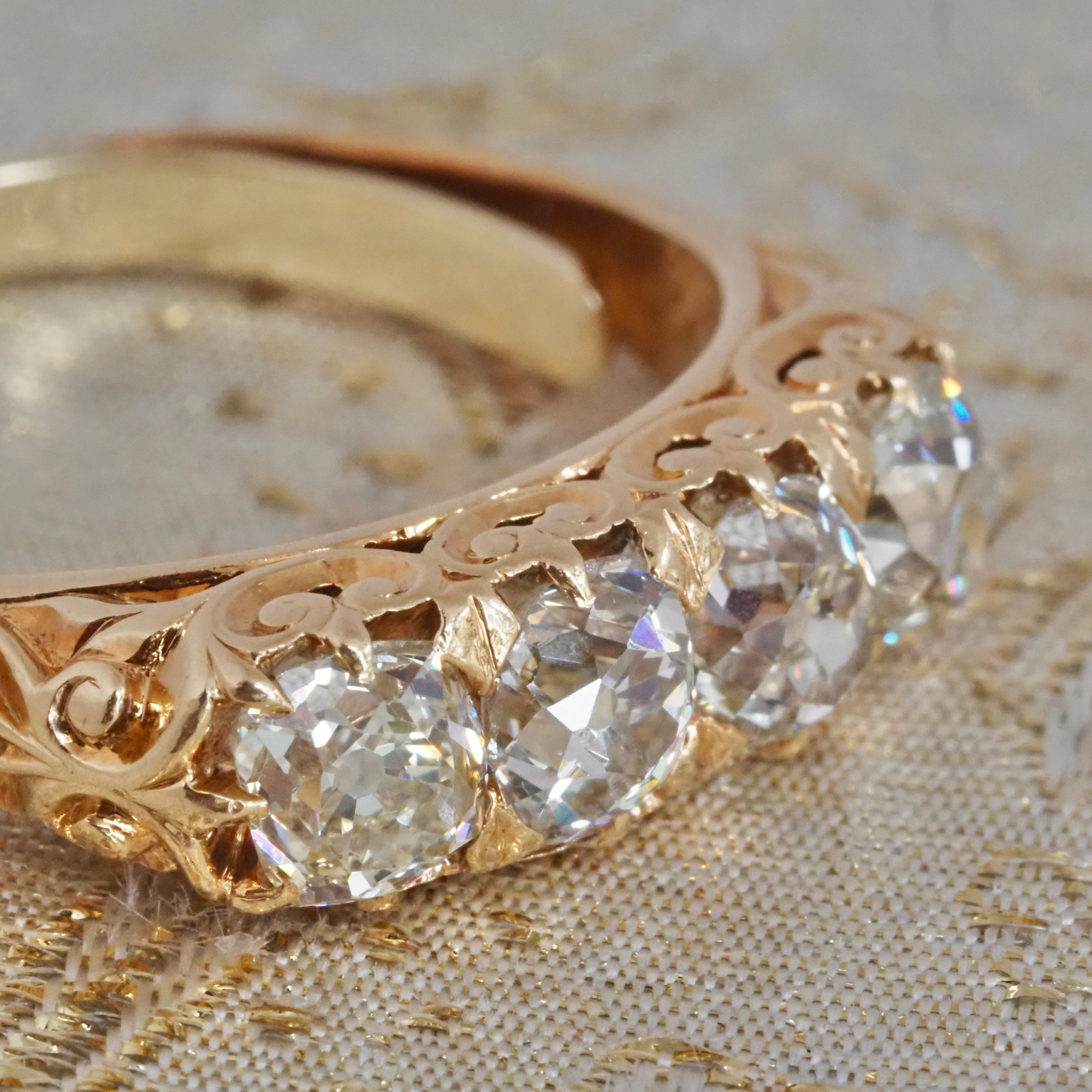 Antique Old Mine Cut Diamond 18k Gold Half Hoop Engagement Ring
