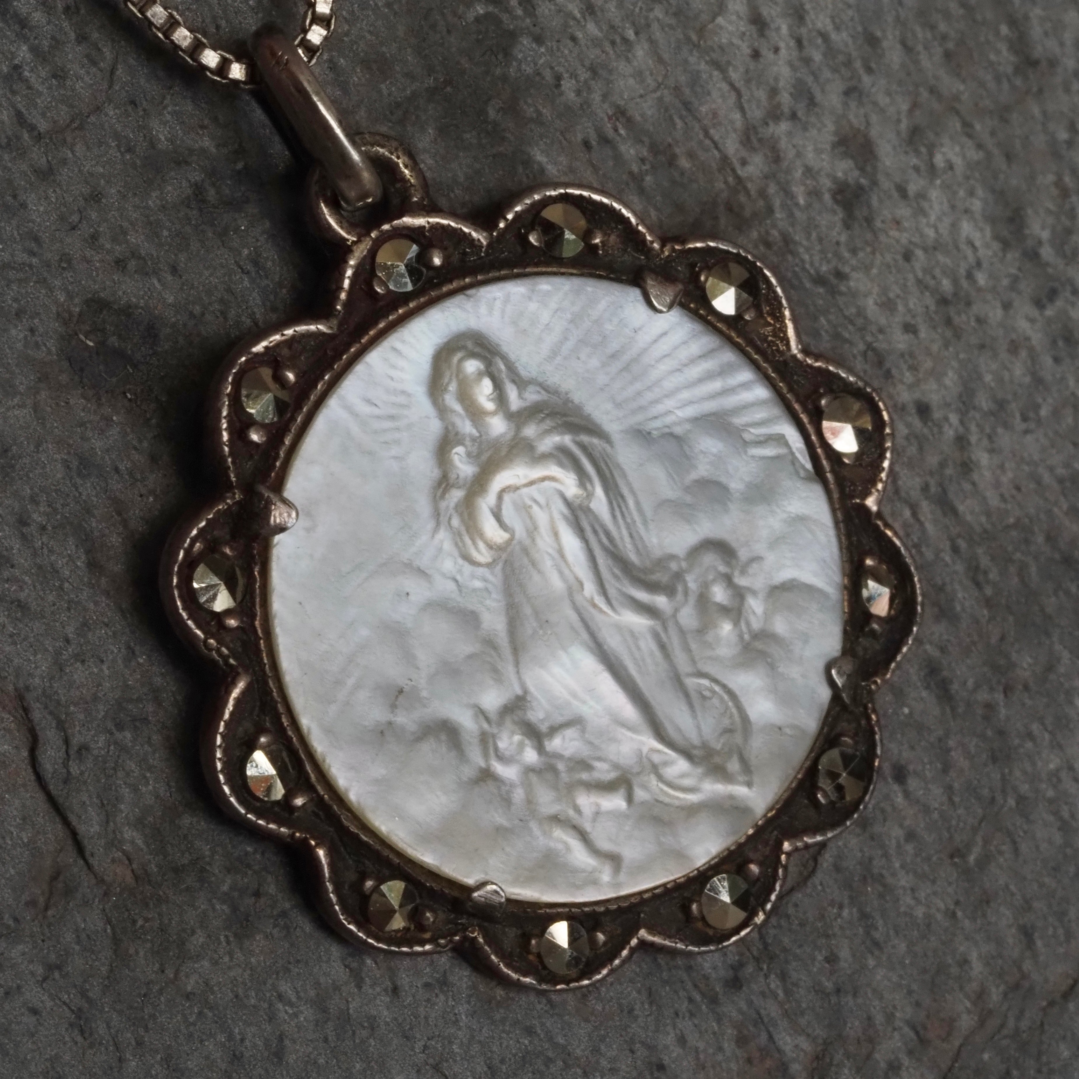 Antique Italian Mother of Pearl Mary Sterling Silver Marcasite Pendant