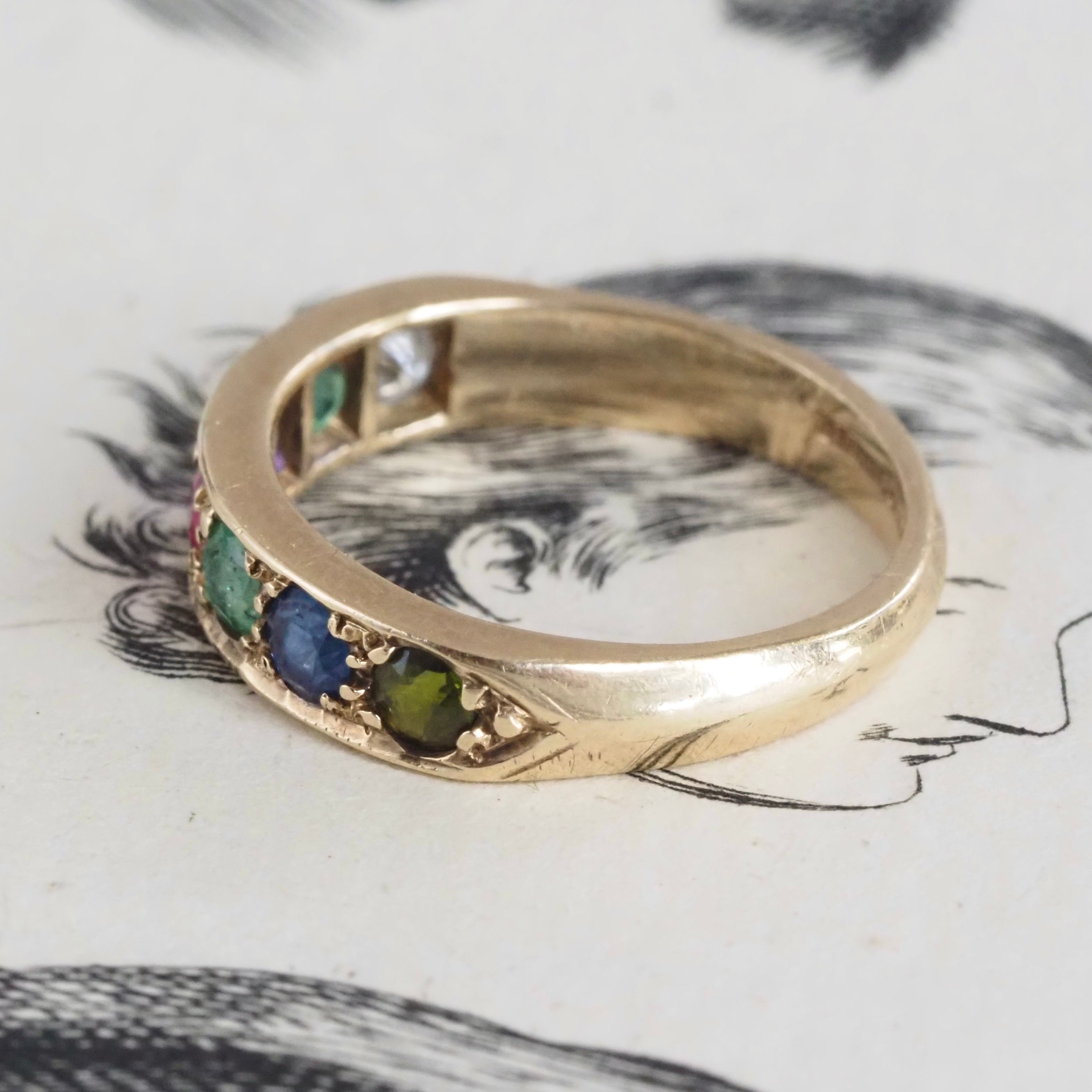 Antique c. 1938 English “Dearest” Acrostic 10k Gold Ring